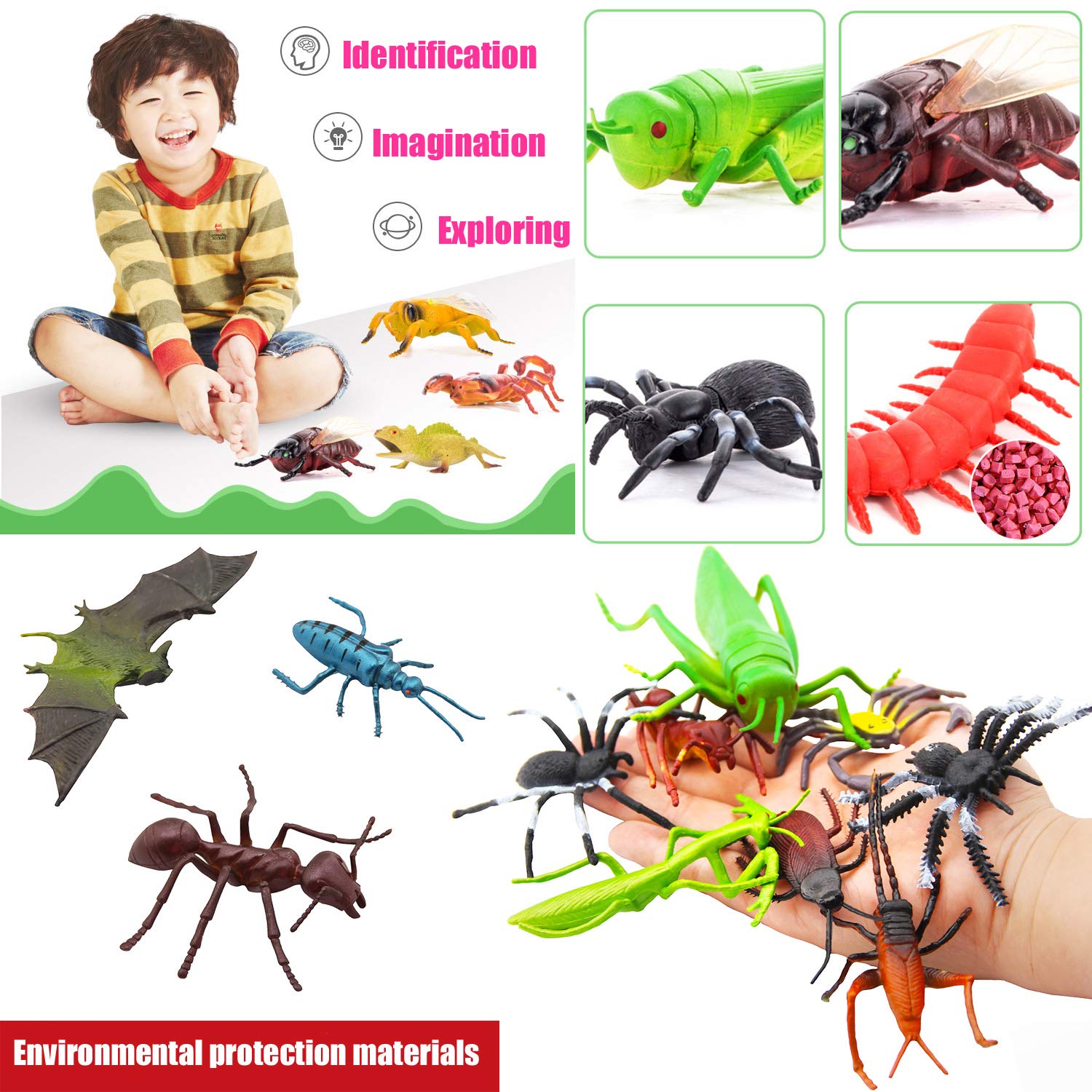 PINOWU 27pcs Bug Toy Figures Playset for Kids Boys, 2-6' Fake Insects - Spiders, Cockroaches, Scorpions, Crickets, Lady Bugs, Butterflies and Worms
