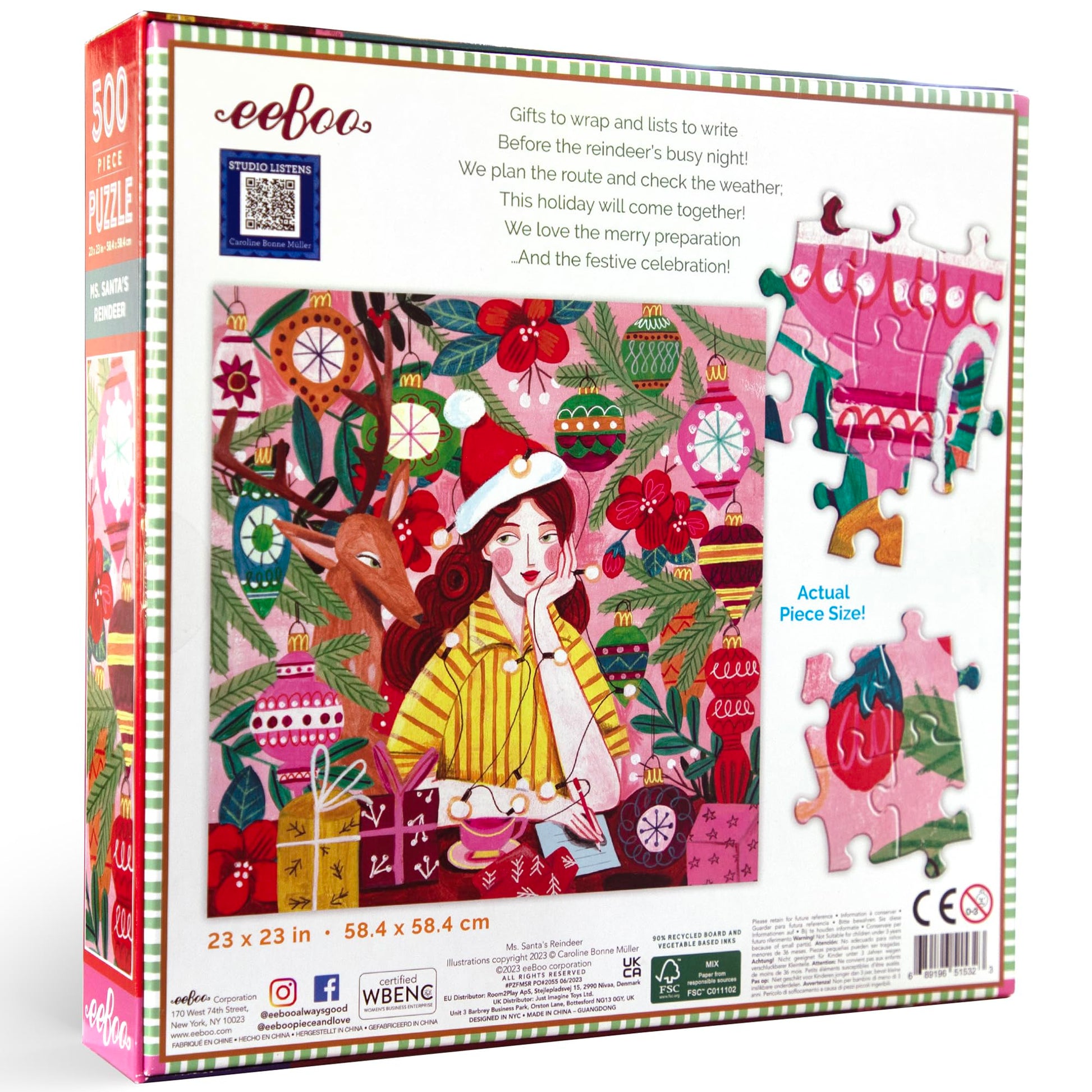 eeBoo 500 Piece Puzzle - Ms. Santa's Reindeer Jigsaw for Adults, Square 23" x 23" Holiday Puzzle, Recycled Board & Vegetable-Based Ink