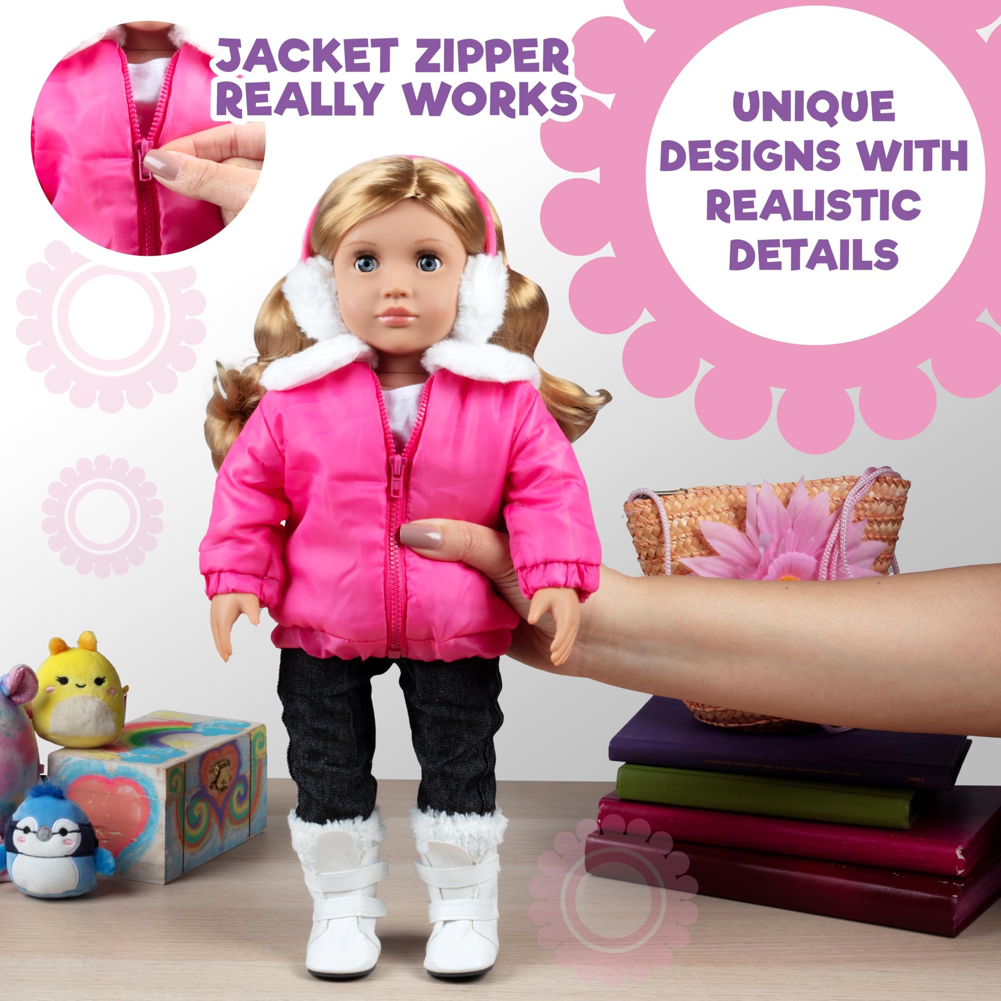 Winter Snow Doll Outfit for 18" Dolls-Premium Handmade 5pc Lodge Vacation Ski Clothes & Accessories Compatible w American Girl Doll- Includes Jacket