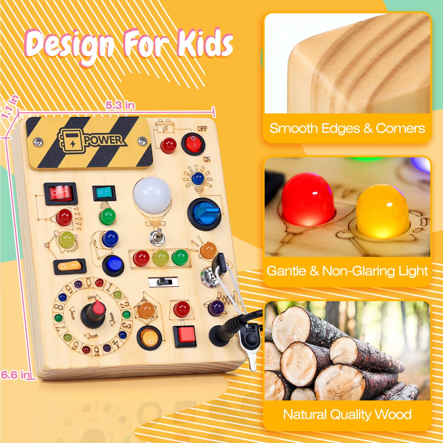 Busy Board with LED Light Switches, Montessori Toys for 1 2 3 Years Old, Toddlers Wooden Toy Sensory Activity Board, Travel Toys for 1+ Year Old Boy