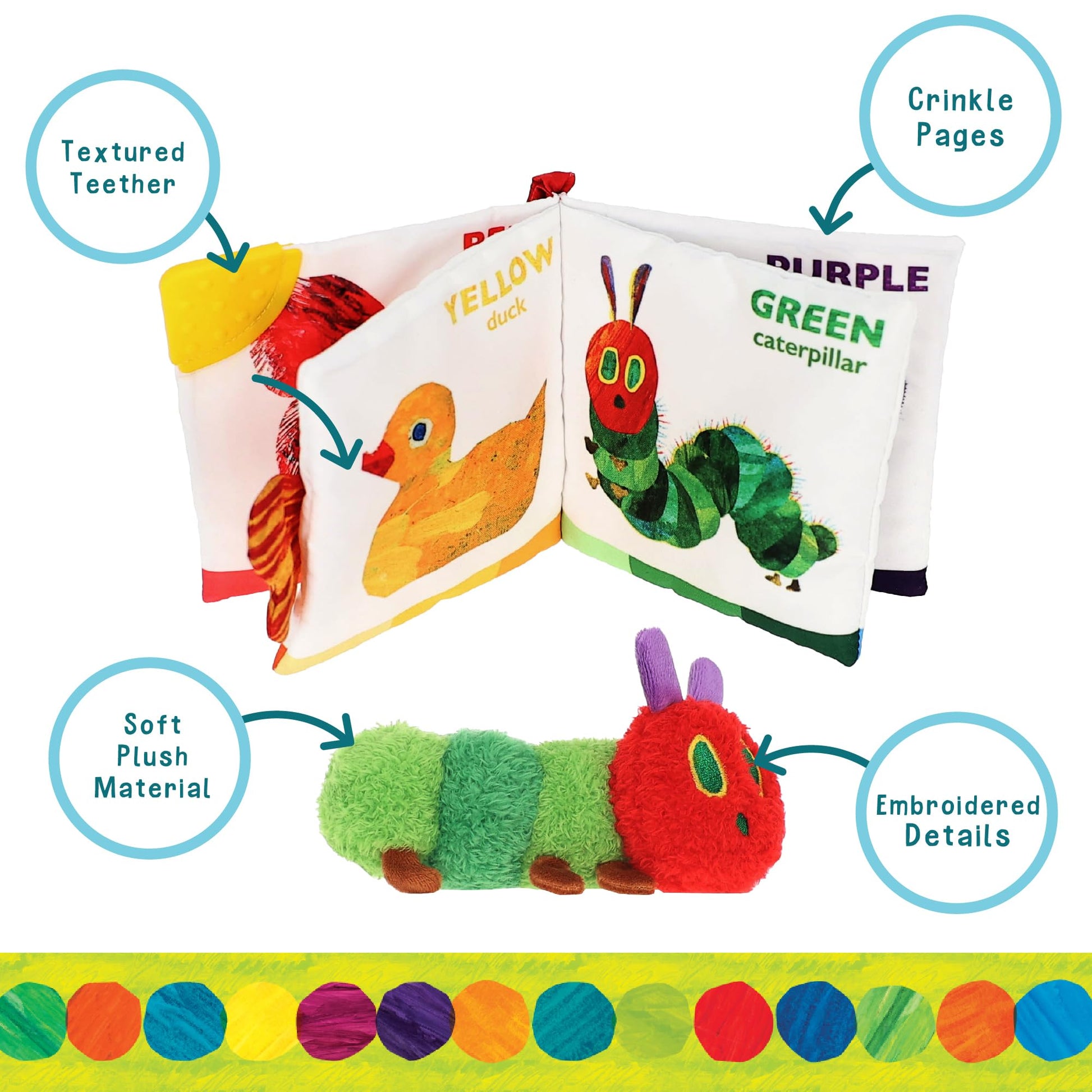 Eric Carle My First Colors Soft Book & 6" Plush Caterpillar Set - Sensory Toy with Crinkle and Teether - Ring for Car Seat and Stroller