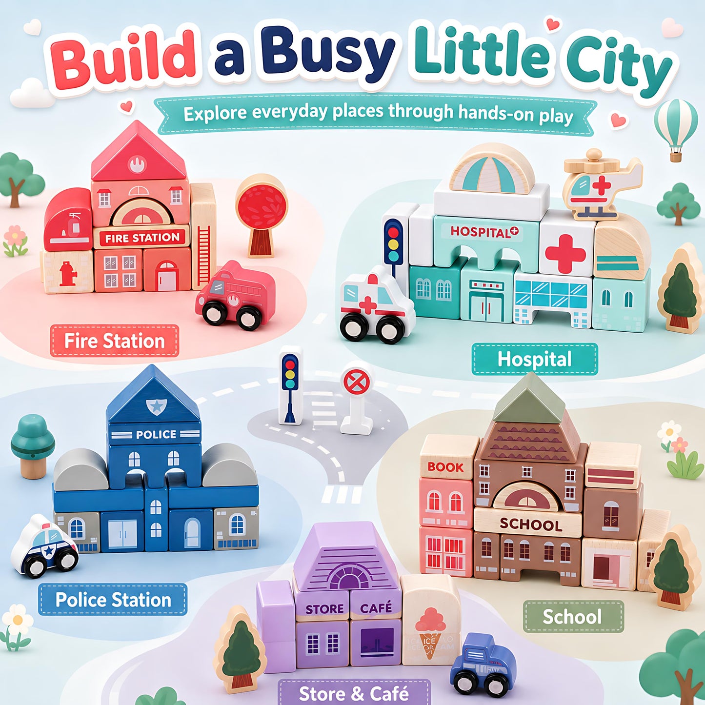 Migargle Wooden Building Blocks Set, 115 Pcs City Construction Stacker Stacking Preschool Learning Educational Toys, Toddler Toys for 3+ Year Old Boy