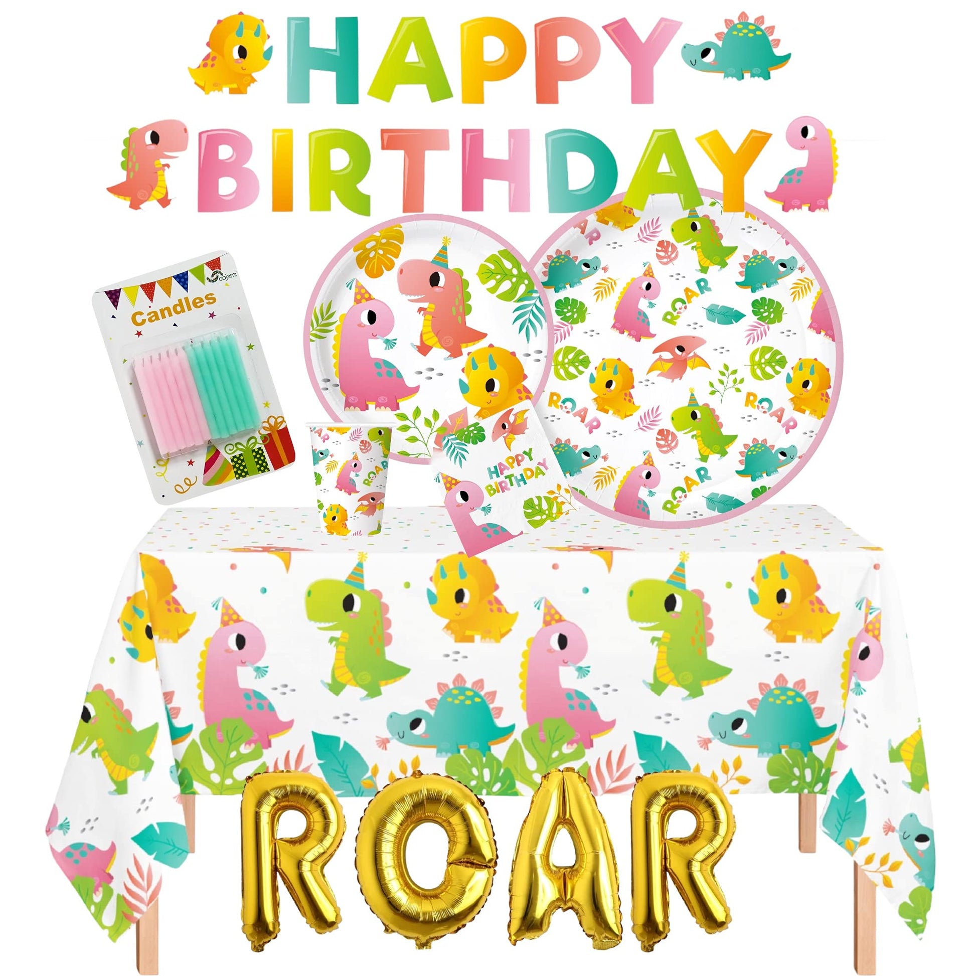 Oojami Pink Dinosaur Party Supplies for Girls - Complete Set for 30 Guests with Plates, Cups, Napkins, Table Covers, Balloons & Candles - Dino