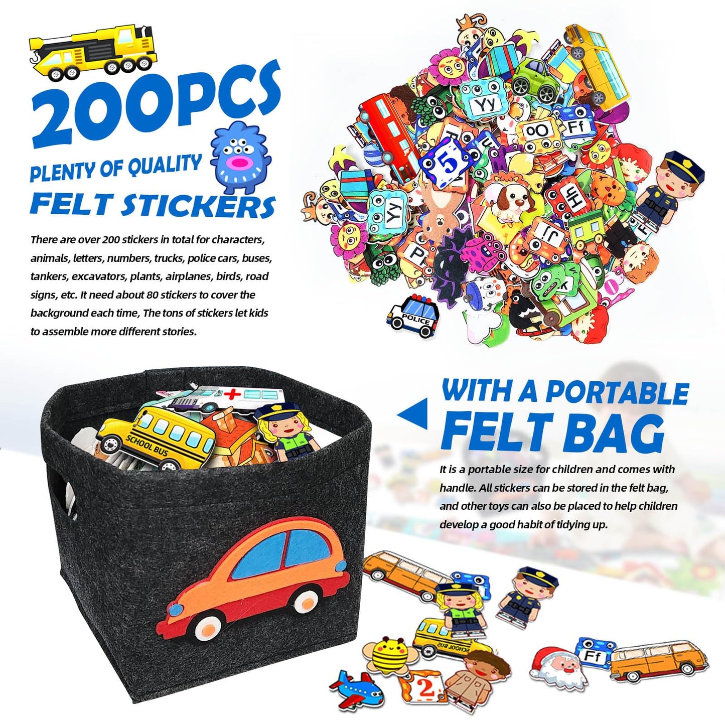 200 PCS Felt Board Story Set for Toddlers with Storage Bag City Car Traffic Themed 40 X 28 inch Teaching Wall Flannel Board Kit for Preschool Activity
