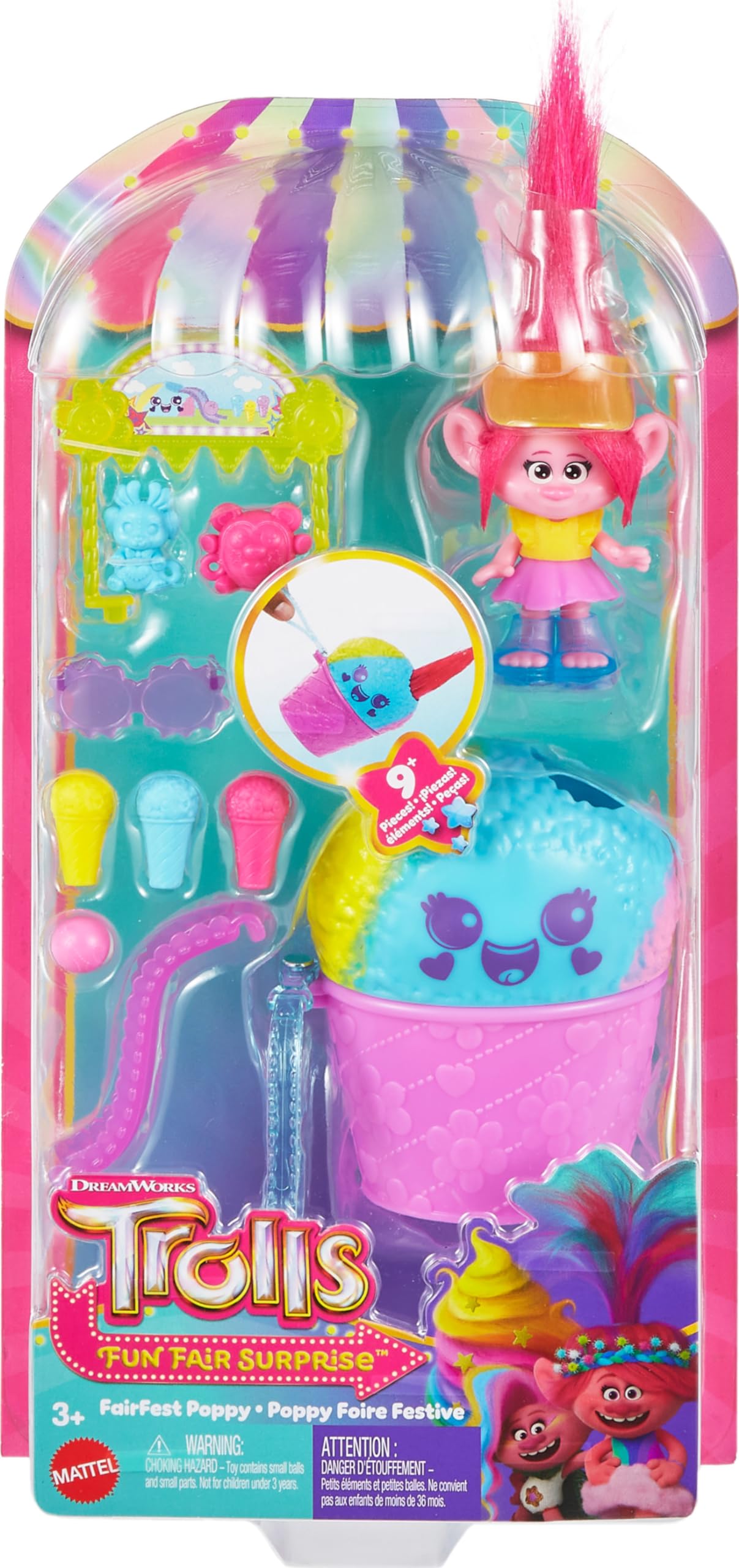 Mattel DreamWorks Trolls Fun Fair Surprise FairFest Small Doll & 10 Accessories, Carnival Food Popcorn Theme with Queen Poppy