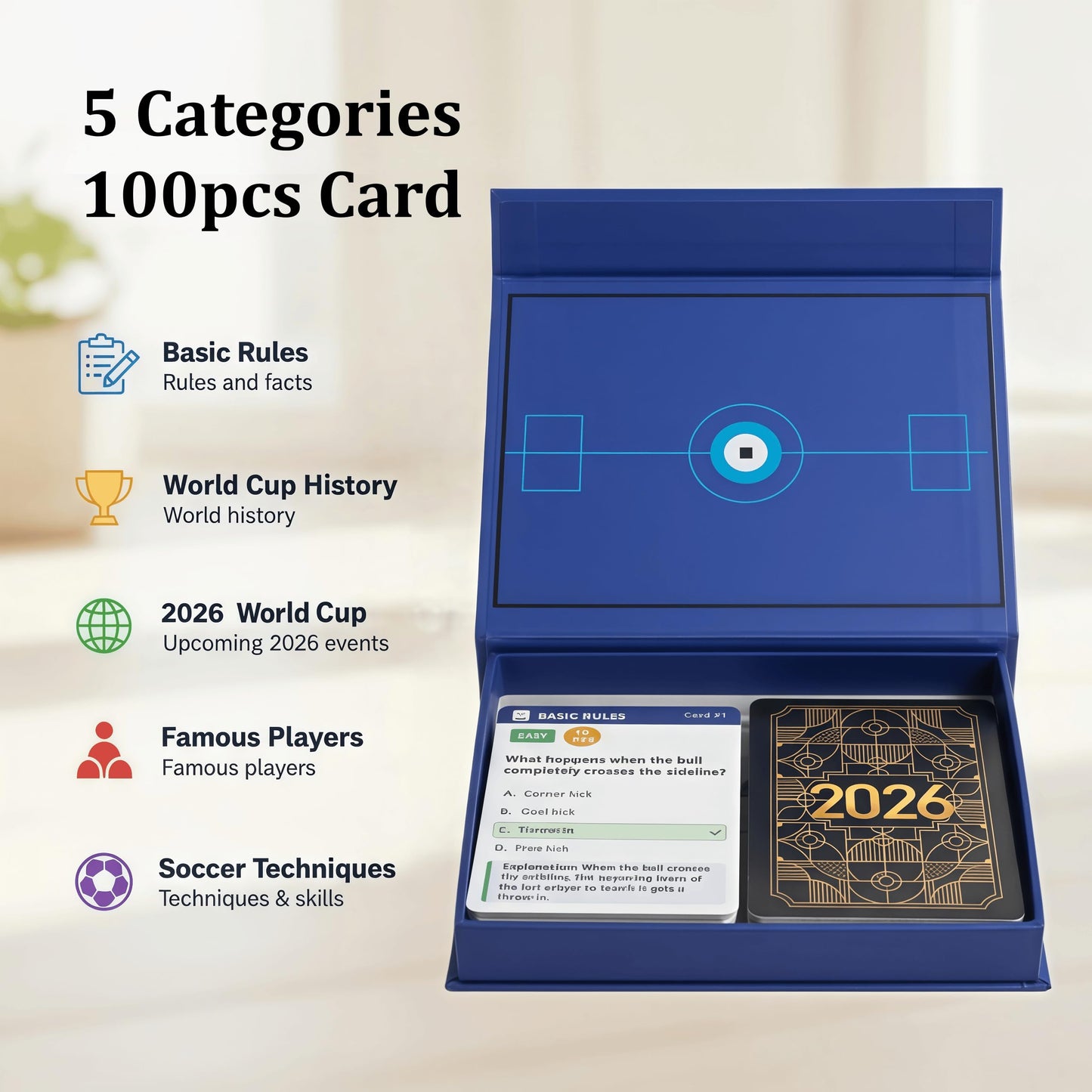YXYOUNG 2026 World Cup Soccer Knowledge Trivia Card - 5 Categories, 3 Difficulty Levels, Soccer Quiz Flash Card Game with 100 Trivia Questions, Family