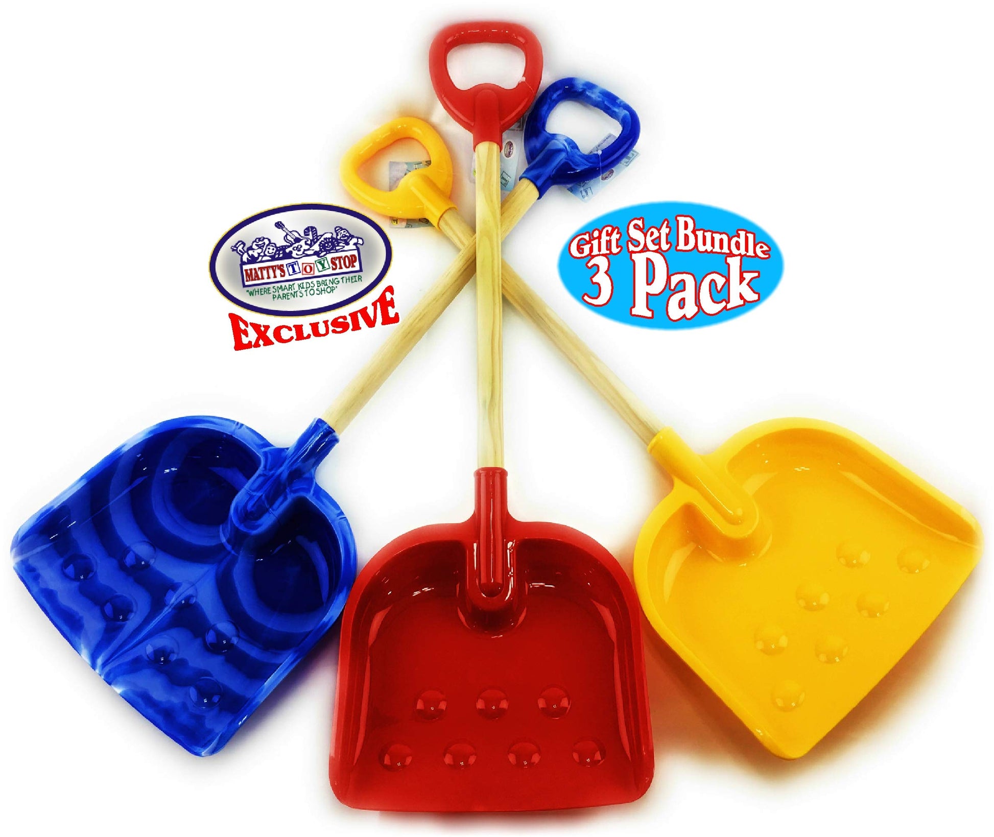 Matty's Toy Stop 28" Heavy Duty Wooden Snow Shovels with Plastic Scoop & Handle for Kids Red, Yellow & Blue Swirl Gift Set Bundle - 3 Pack
