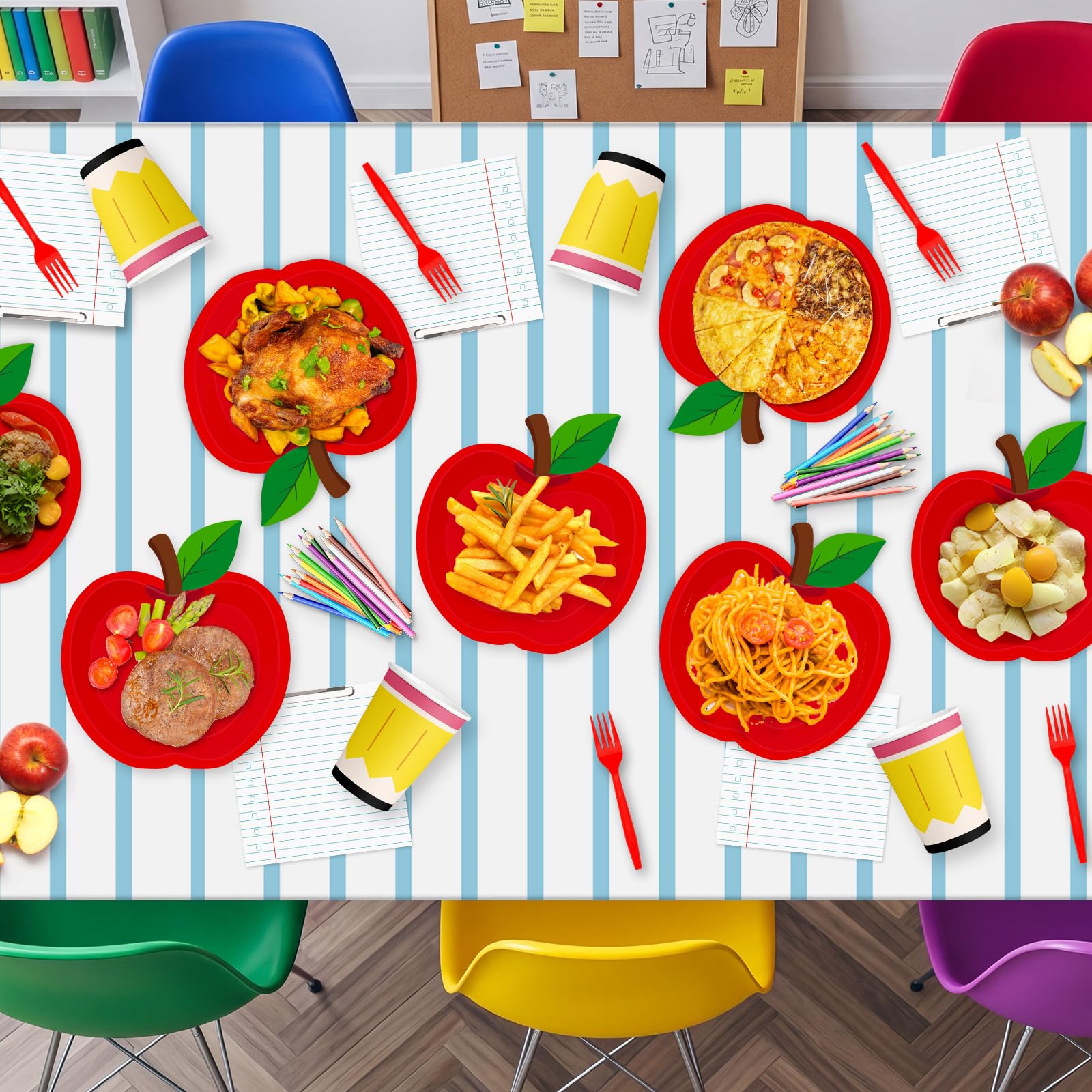 96 Pcs Back to School Plates and Napkins Set - Apple Disposable Tableware Kit, including Paper Plates, Napkins, Cups and Forks for All Grades First