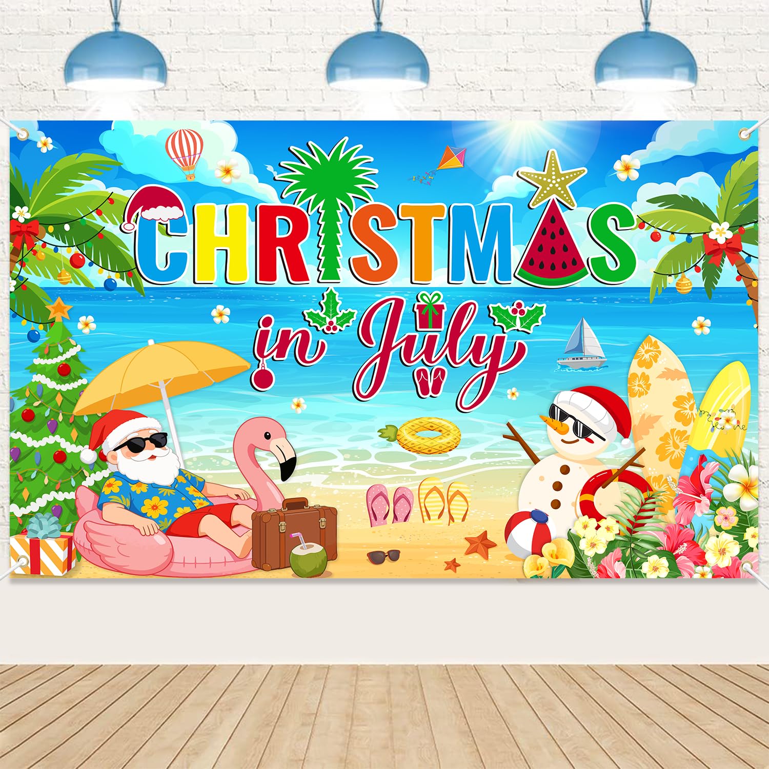 Christmas in July Backdrop 72.8'' x 43.3'', Christmas in July Background Banner Party Decorations with Beach Snowman Santa for Summer Holiday Hawaiian