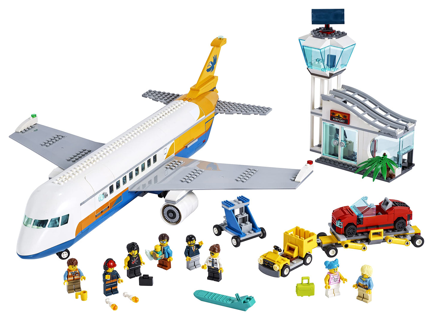 LEGO City Passenger Airplane 60262, with Radar Tower, Airport Truck with a Car Elevator, Red Convertible, 4 Passenger and 4 Airport Staff Minifigures,