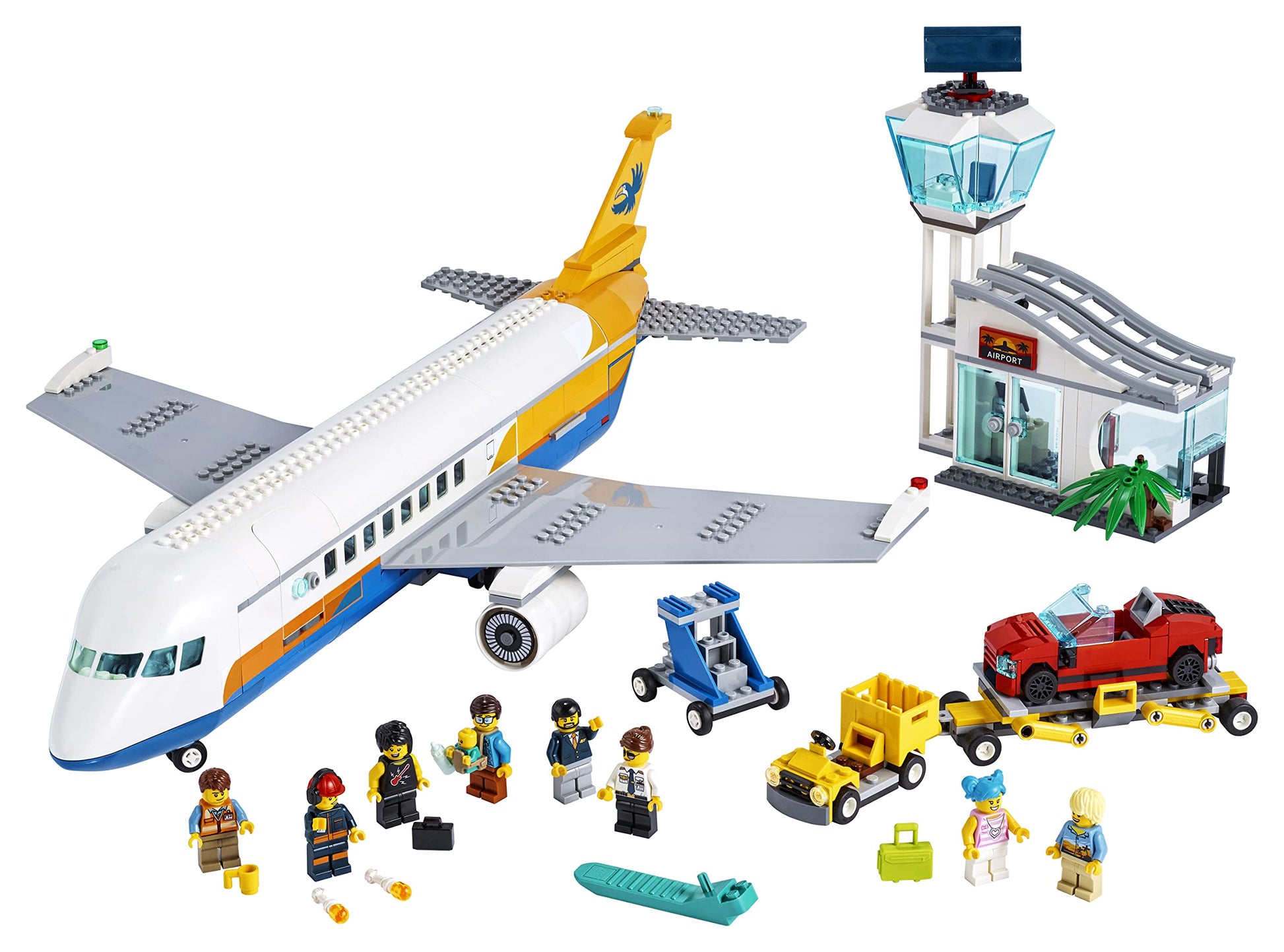 LEGO City Passenger Airplane 60262, with Radar Tower, Airport Truck with a Car Elevator, Red Convertible, 4 Passenger and 4 Airport Staff Minifigures,