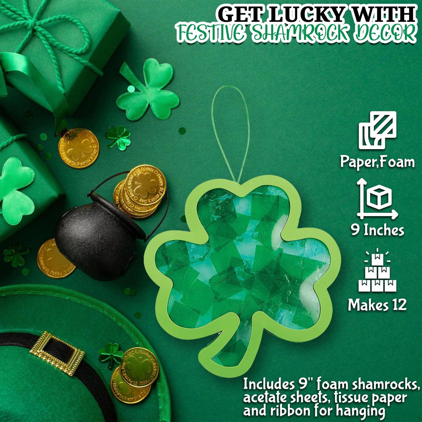 Fun Express St Patricks Day Crafts for Kids - Shamrock Suncatcher Kit Makes 12 Window Art Projects | Tissue Paper Craft Kit for Classroom Activities