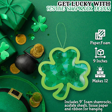 Fun Express St Patricks Day Crafts for Kids - Shamrock Suncatcher Kit Makes 12 Window Art Projects | Tissue Paper Craft Kit for Classroom Activities