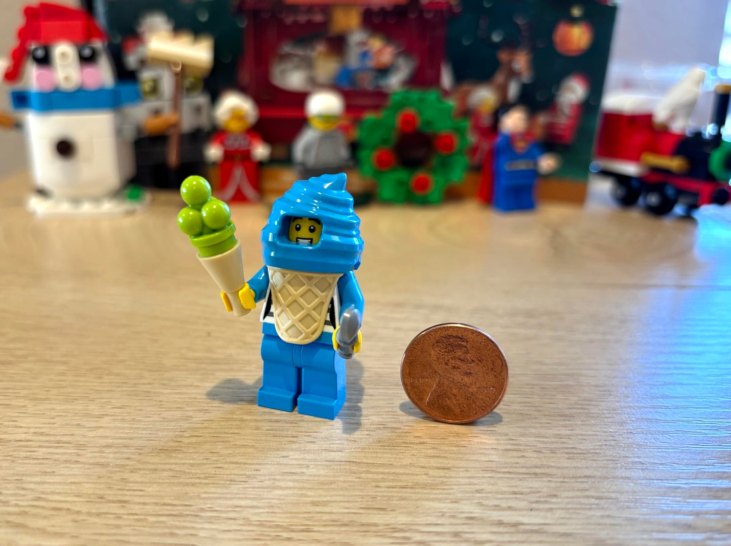 LEGO City Town Minifigure - Boy in Blue Ice Cream Suit (with Ice Cream Cone and Spoon) Very Cute