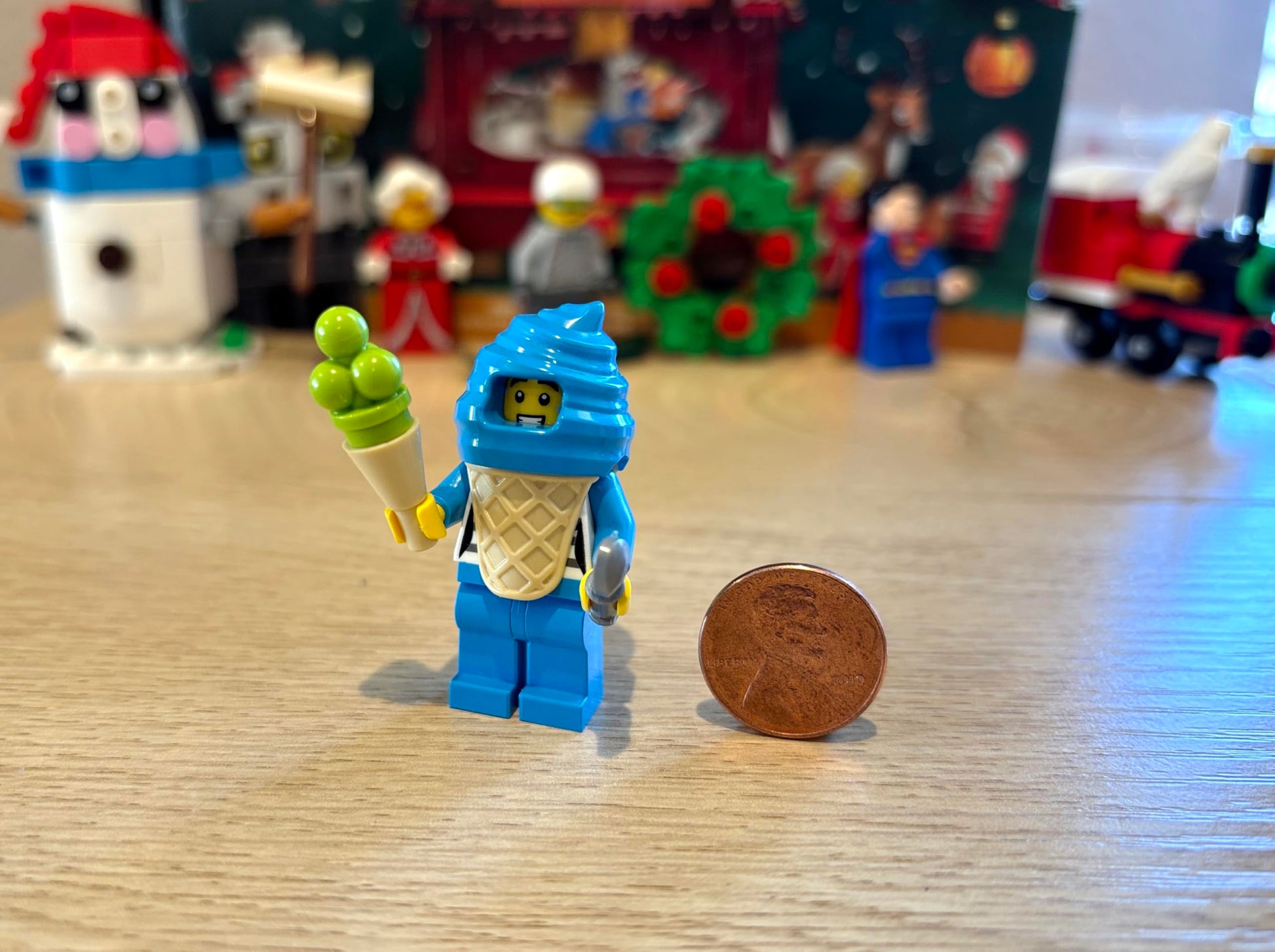 LEGO City Town Minifigure - Boy in Blue Ice Cream Suit (with Ice Cream Cone and Spoon) Very Cute