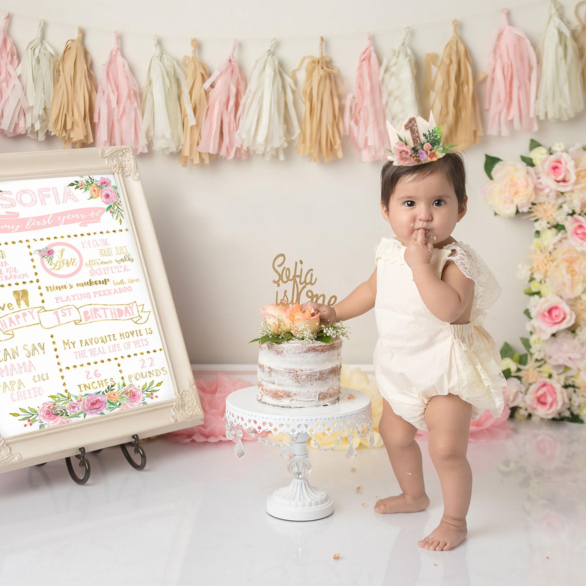 MADENG Floral Greens 1st Birthday Outfit - Bohemian Woodland Camping Party Decorations, Girl's Froal One Birthday Hat and Leaf Crown