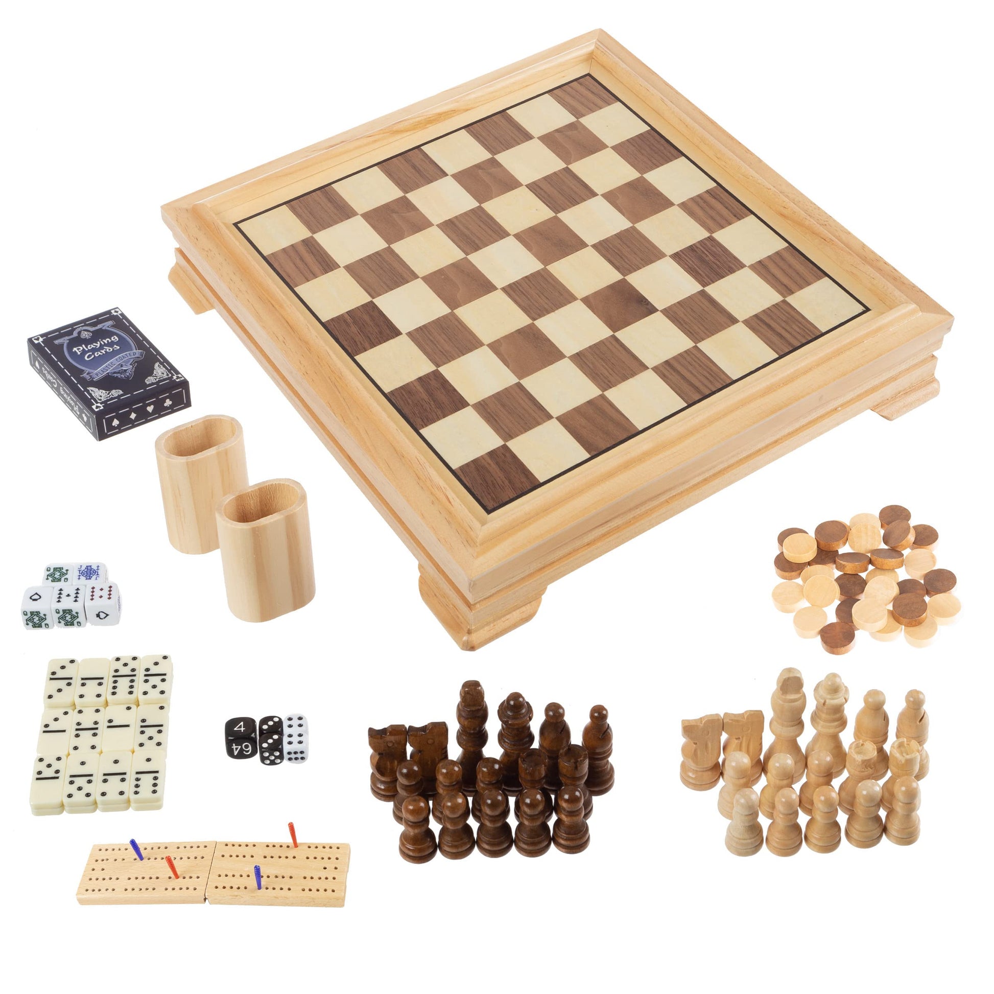Board Game Set - Deluxe 7-in-1 Classic Board Games - Wood Gaming Center with Storage - Chess, Backgammon, Dominos, Checkers, Dice Set, Cribbage Board