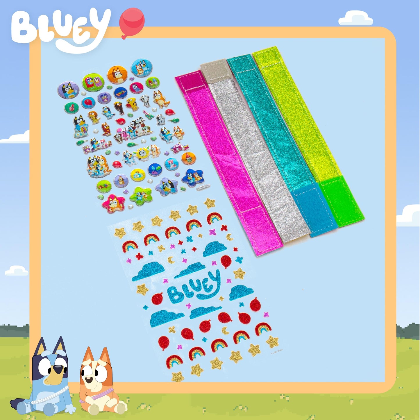 Bluey Sparkle Bracelet Making Kit, 4 Reversible Bracelets with Easy Closure, 100+ Traditional and Puffy Resin Stickers, DIY Bluey Jewelry, Arts