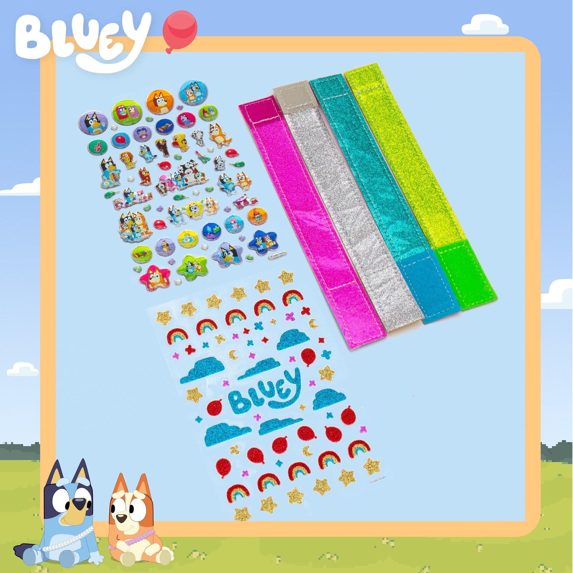 Bluey Sparkle Bracelet Making Kit, 4 Reversible Bracelets with Easy Closure, 100+ Traditional and Puffy Resin Stickers, DIY Bluey Jewelry, Arts
