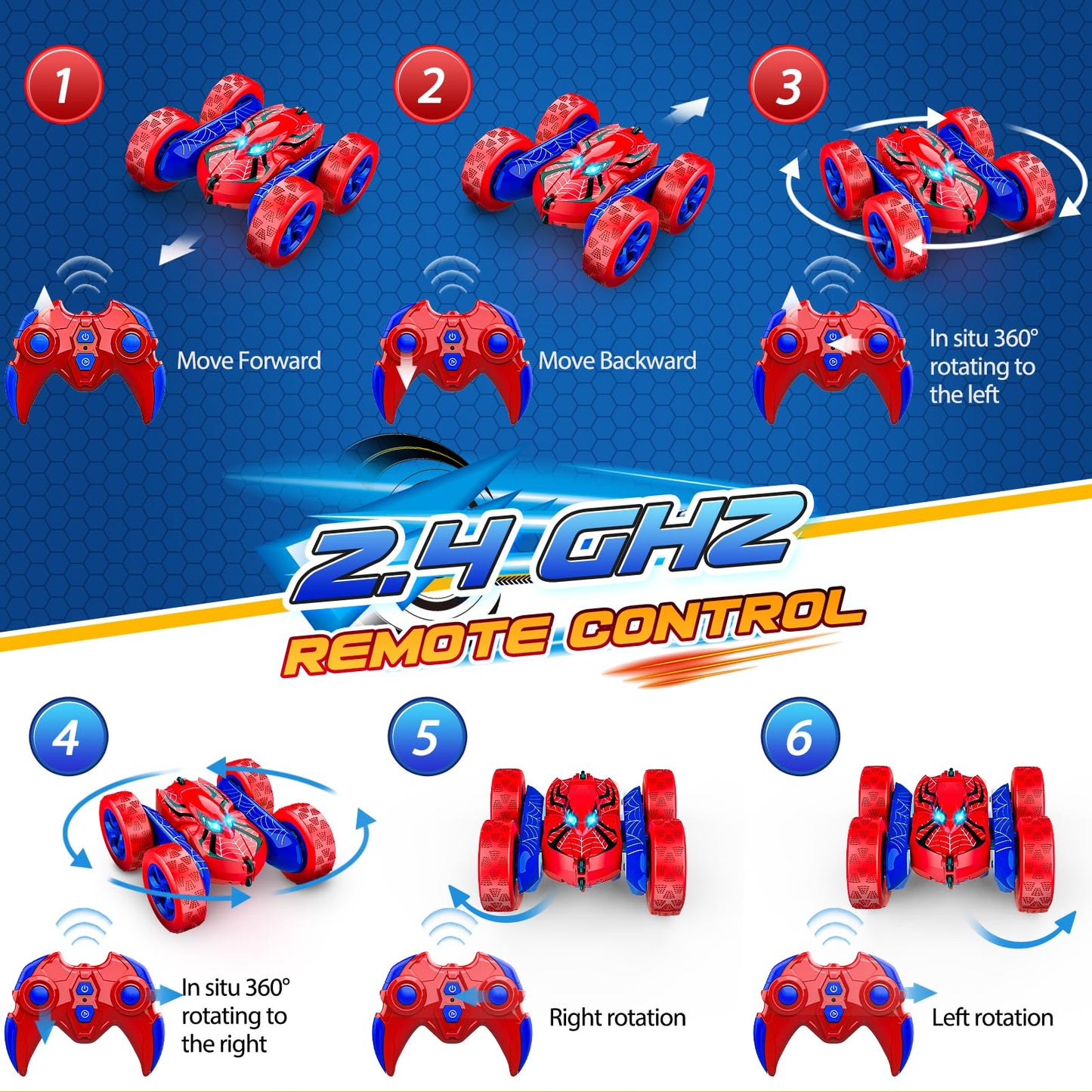 Excitobo Remote Control Car,Double Sided 360° Rotating 4WD RC Cars Toys for 3-12 Year Old Boys 2.4GHz Electric Rechargeable Race Stunt Birthday