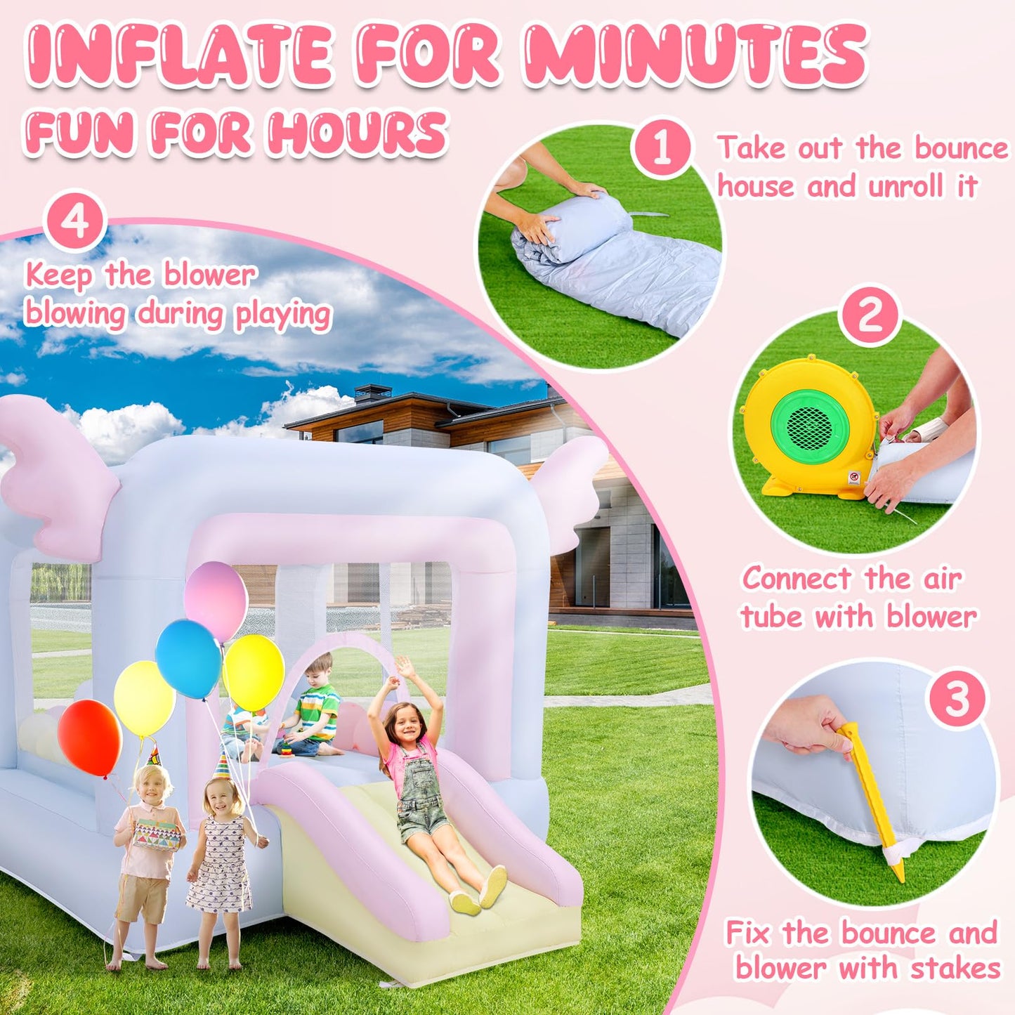 Inflatable Bounce House for Kids All-in-ONE w/Macaron Balloons, Catch Ball Set, Punching Bag, Beachball, Basketball, 106 x 85 x 80 Jump Castle