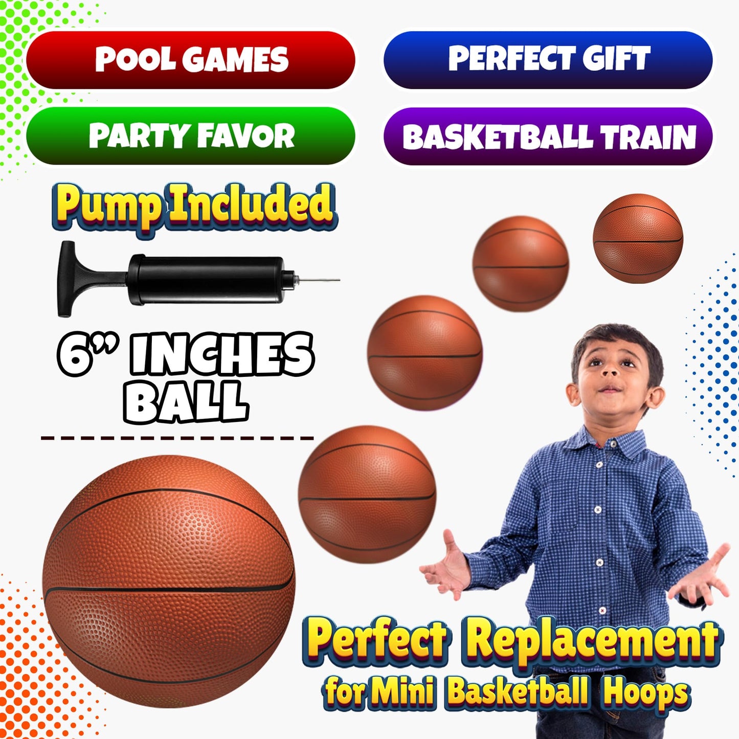 6-Inch Mini Basketballs for Kids (5-Pack) with Hand Pump for Mini Hoops