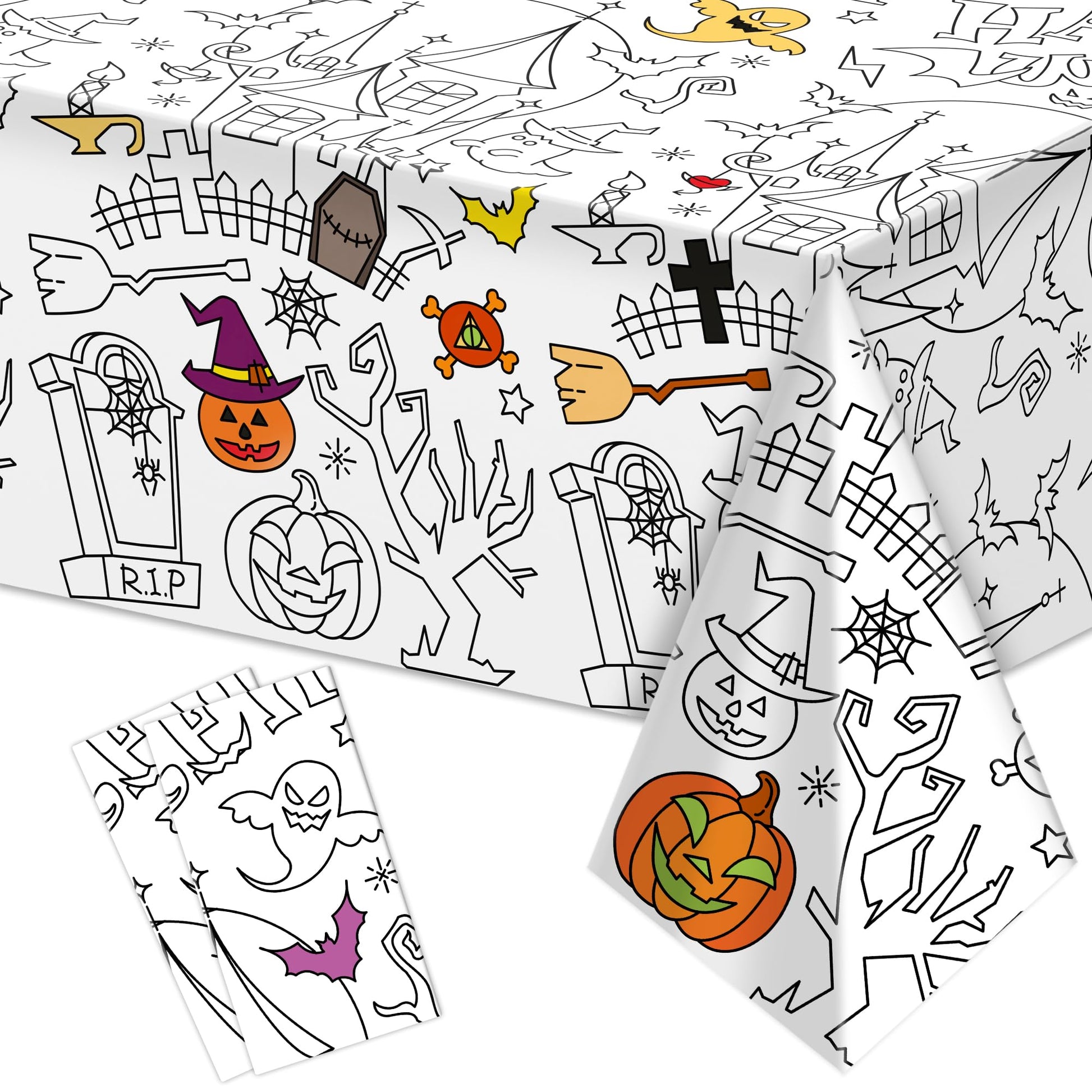 Labeol 2 Pack Halloween Tablecloth, 108"x 54" Halloween Coloring Tablecloth for Kids, Pumpkin Ghost Bat Castle Coloring Table Cover for Winter Party