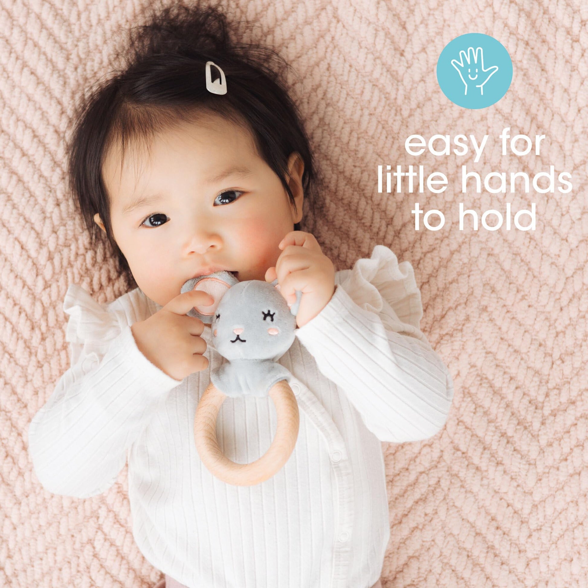 Pearhead Mouse Wooden Baby Teether - Soft Plush Lovey with Natural Wood Rattle Ring, BPA-Free, Soothes Infant Gums, Multi-Sensory Newborn Essential