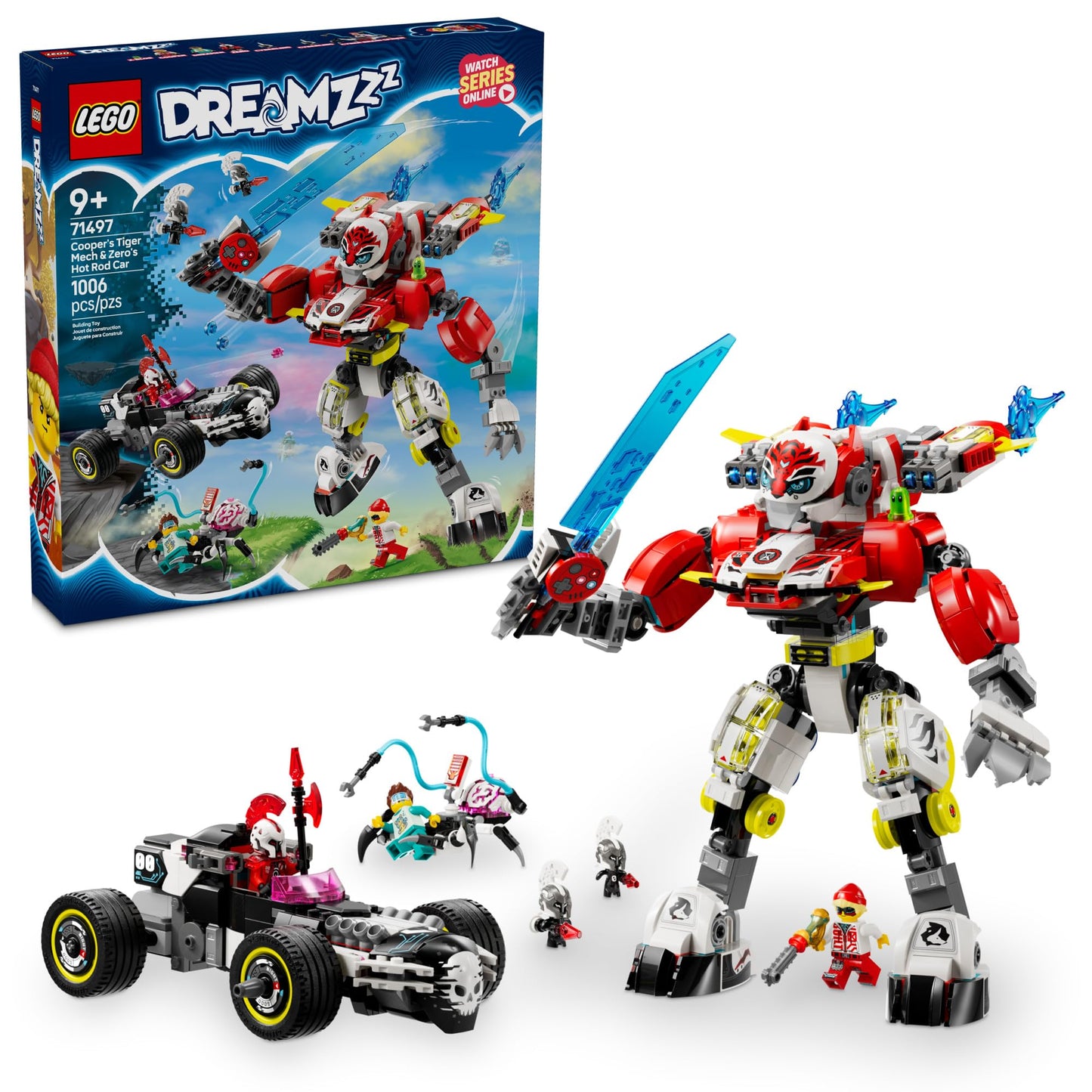 LEGO DREAMZzz Cooper's Tiger Mech & Zero's Hot Rod Car Toy - Building Robot Toy for Kids, Boys and Girls, Ages 9+ - Building Kit for Pretend Play -