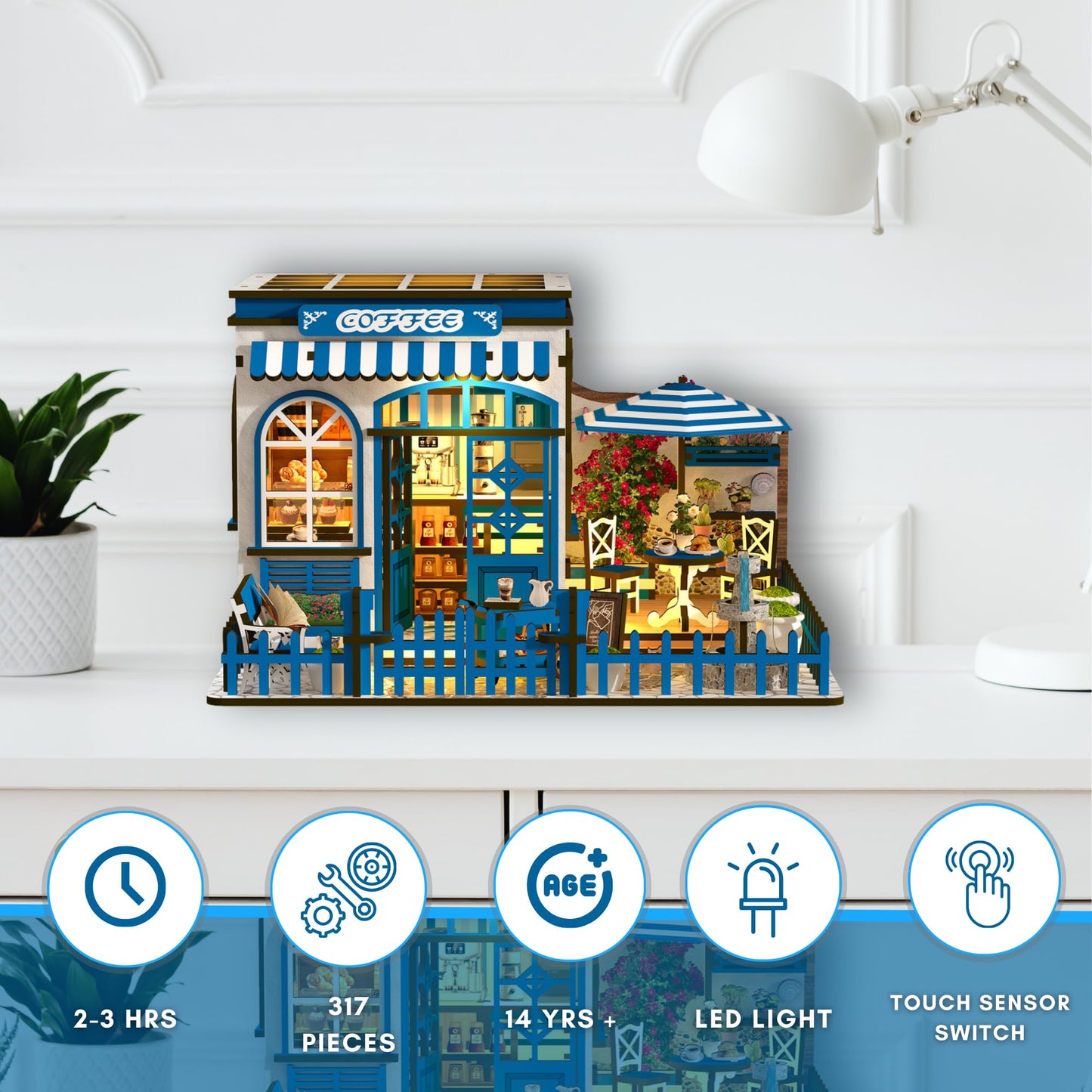 Santorini Sun Coffee Shop DIY Book Nook Kit - 3D Wooden Puzzle for Adults with LED Light, Mediterranean Café Bookshelf Insert for Adults and Teens