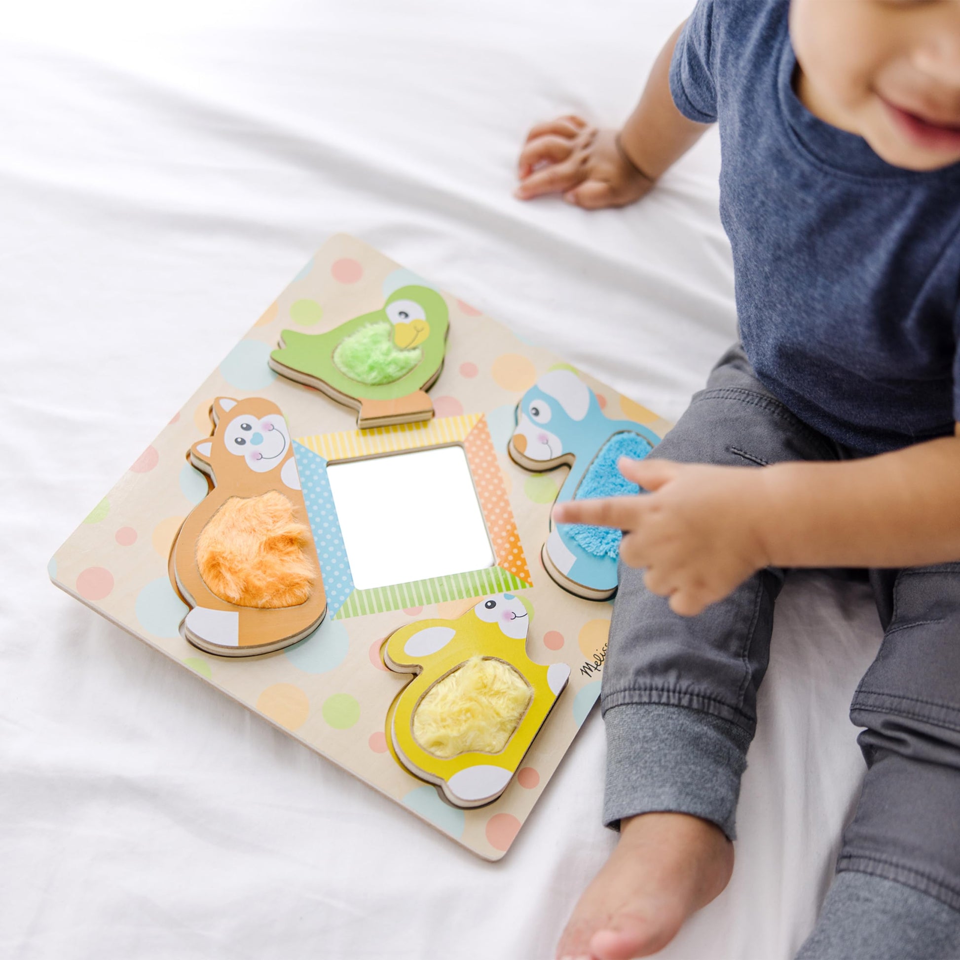 Melissa & Doug First Play Peek-a-Boo Pets Wooden Touch and Feel Puzzle with Mirror Mirror Toy for Babies and Toddlers, Sensory Toy Puzzle