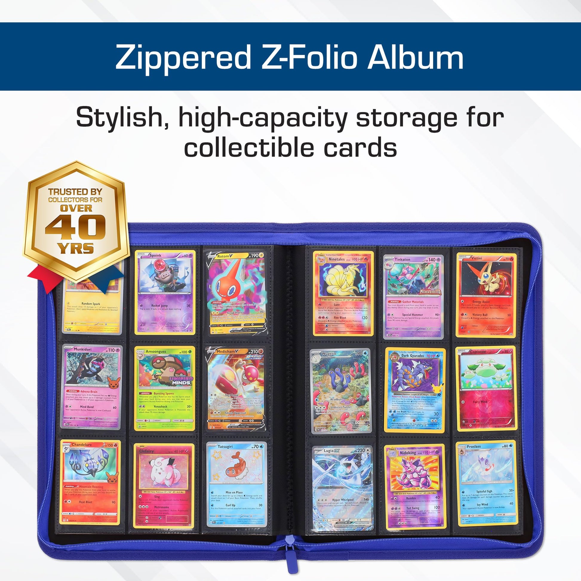 BCW Z-Folio 9-Pocket LX Album - Blue | Secure Zipper Card Organizer | Premium Leatherette Card Collection Binder | Trading Card Binder for Pokemon