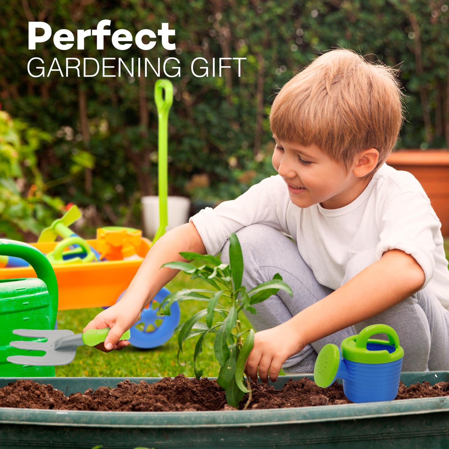 4E's Novelty 15 Piece Gardening Tools & Wagon Toy Set with Plastic Wheelbarrow, Apron, STEM Pretend Play Outdoor Toy for Toddlers Kids Boys Girls