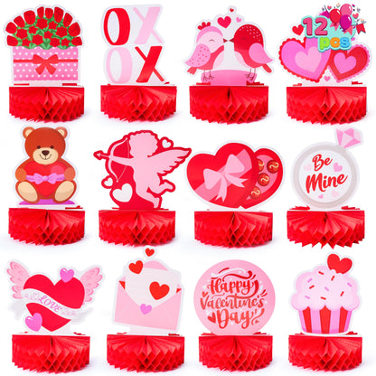 JOYIN 12 Pcs Valentine's Day Honeycomb Centerpieces, Table Decorations with Red Pink Heart Bear , Centerpieces Decor for Kids Birthday Valentine's Day