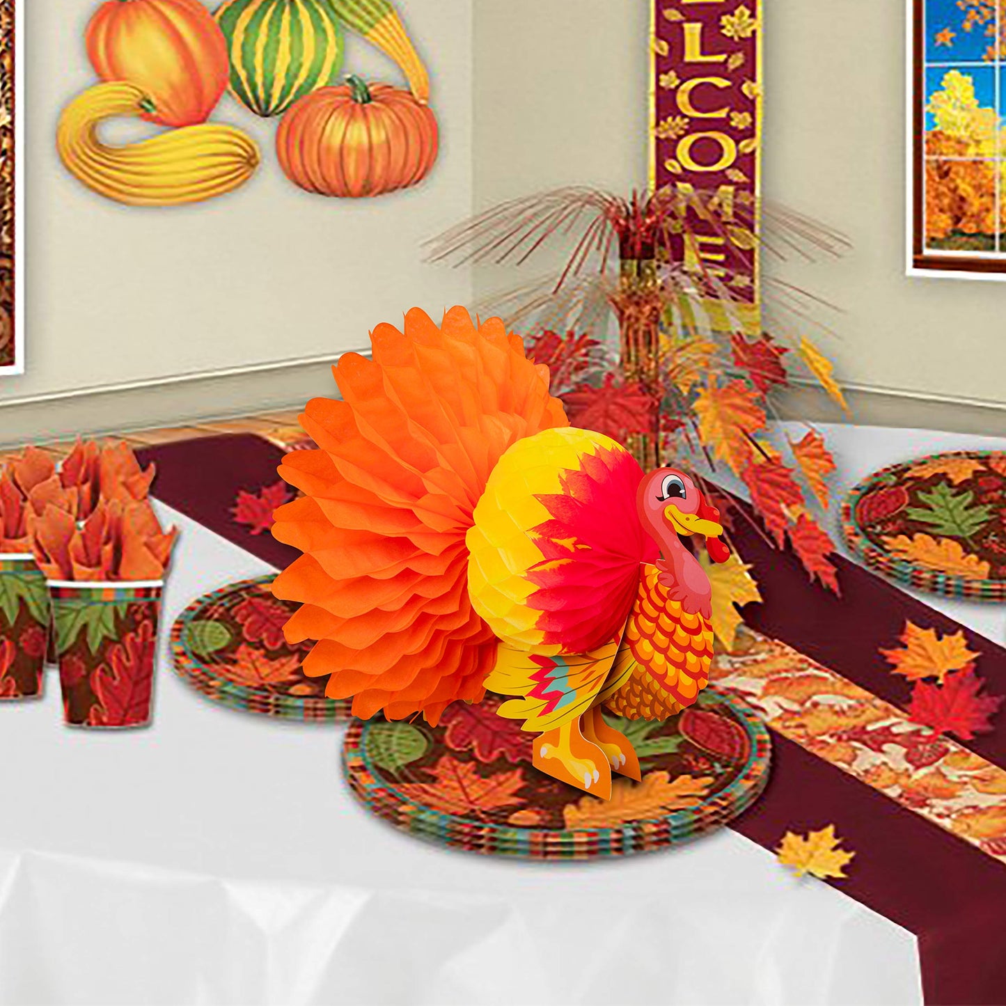 3 Piece Thanksgiving Tissue Turkey Decorations for Harvest Party Table Centerpiece Accessories