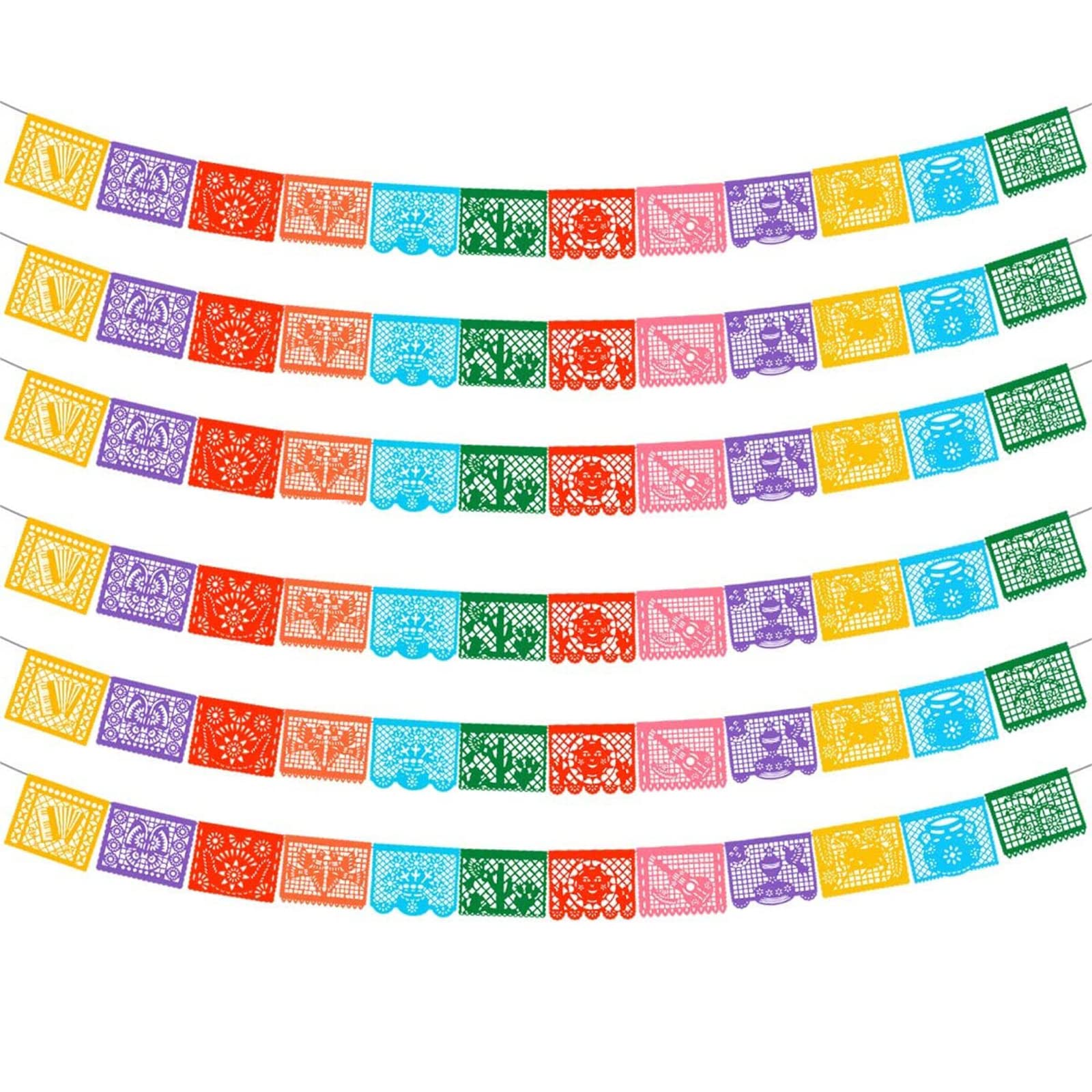 6-Pack Mexican Papel Picado Banner - 132Ft (22Ft x 6) Fiesta Party Decorations & Cinco de Mayo Supplies - 12 Patterns Waterproof Plastic Indoor