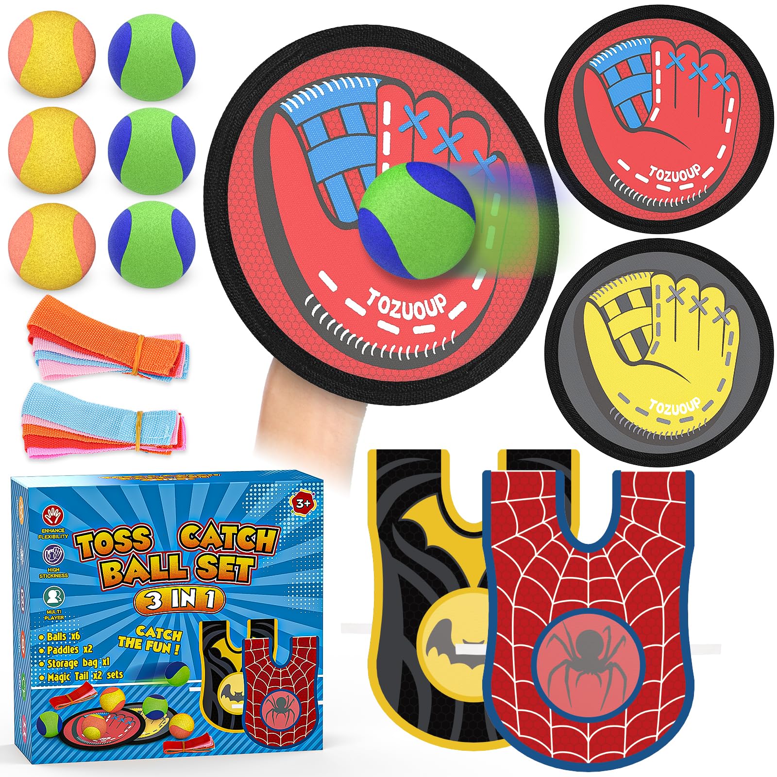 Tozuoup 3-in-1 Toss Catch Ball Game Set, Kids Baseball Glove, Beach Games Outdoor Yard Lawn Toys for Kids & Family, Birthday Gifts Toys for 3 4 5 6 7