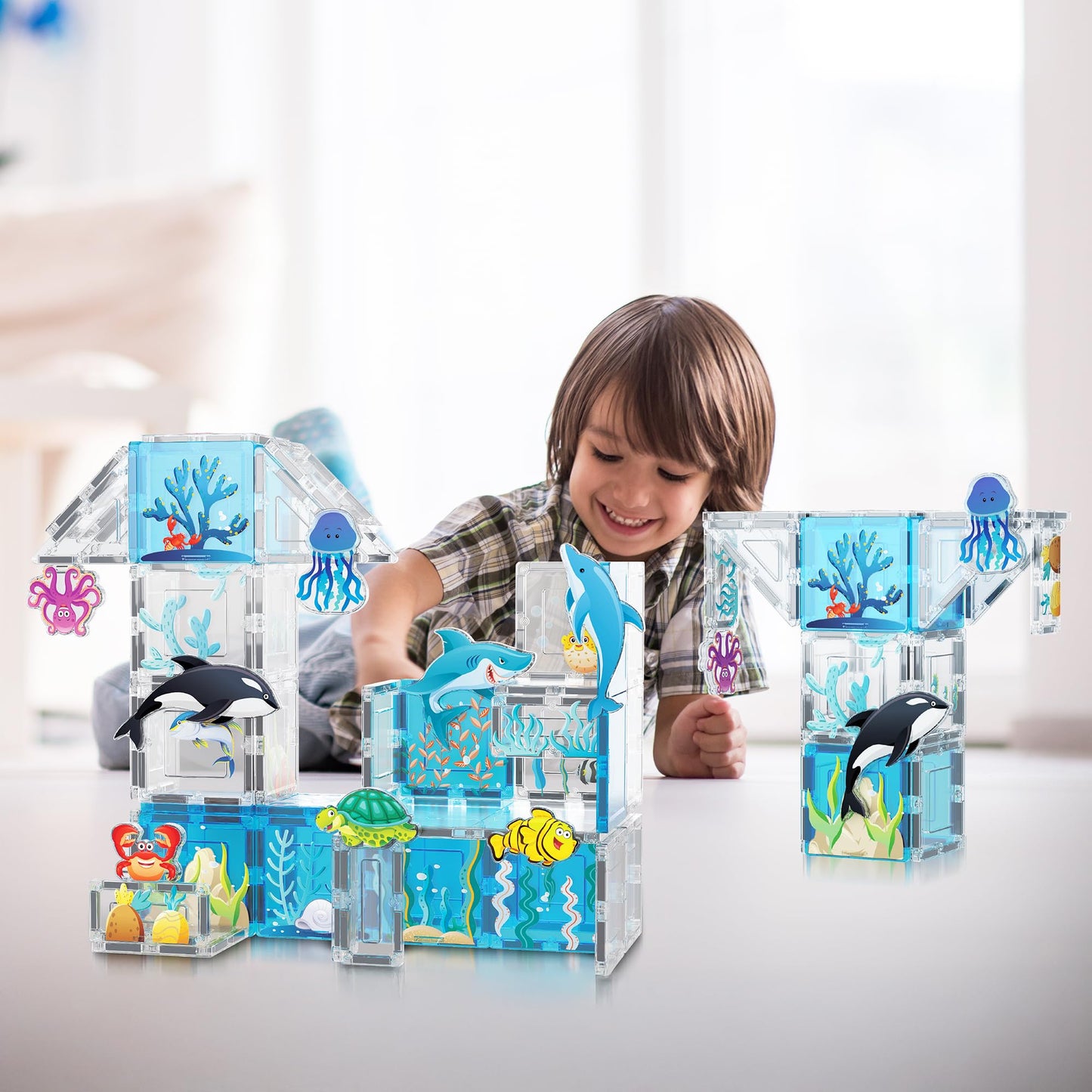 PicassoTiles Magnet Tiles Magnetic Building Blocks Aquarium Marine Animal Theme Set with 8 Character Action Figures Shark Crab Turtle STEM Toys