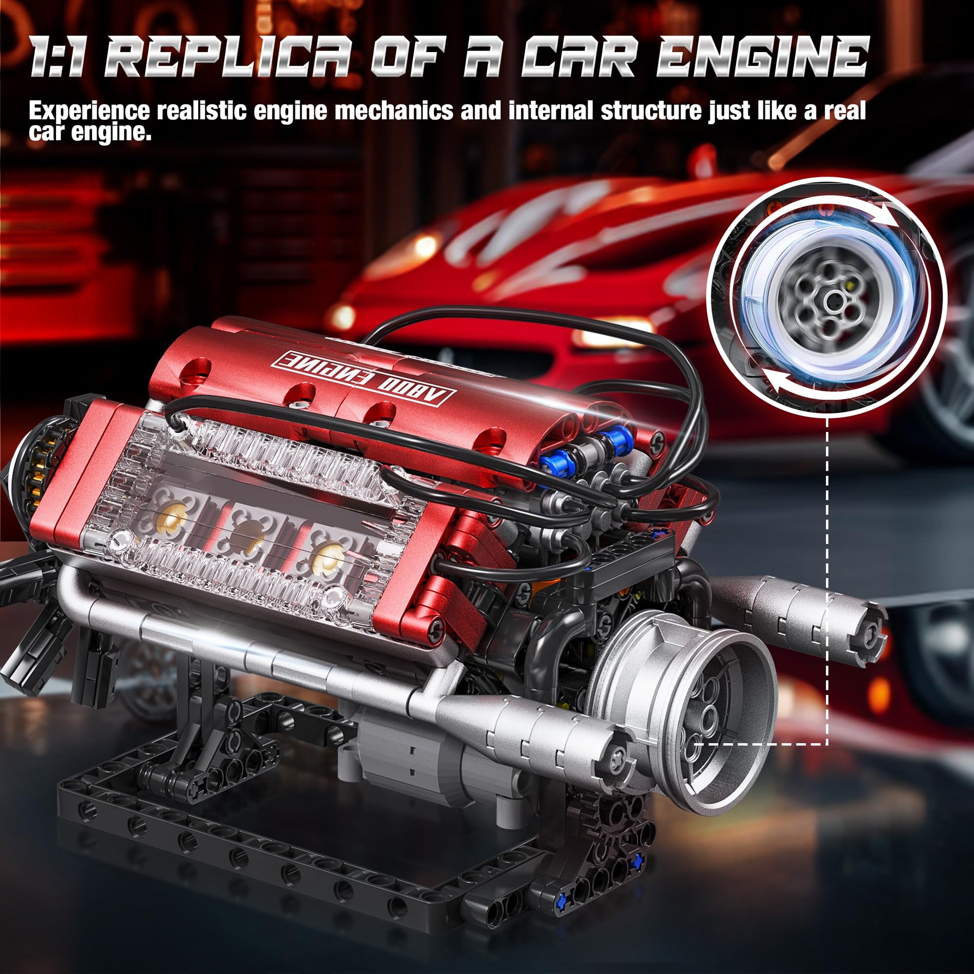 Tuajixz V8 Engine Building Blocks Sets, V8 Engine Model Kit That Runs - Motorized with Moving Pistons, Crankshaft & Rotating Fan, Realistic Engine