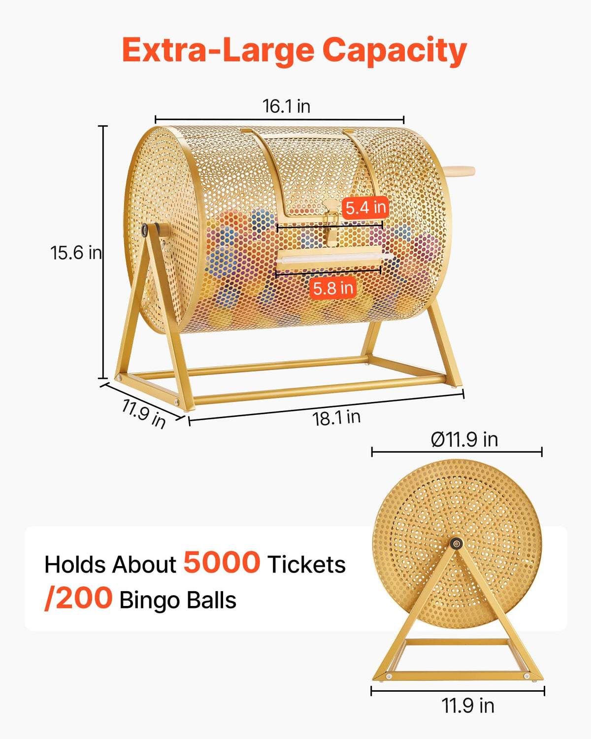 VEVOR Raffle Ticket Spinner, 16.1" x 11.9" Holds 5000 Tickets or 200 Ping Pong Balls, Raffle Drum Lottery Spinning Cage with Reinforced Handle, Stable