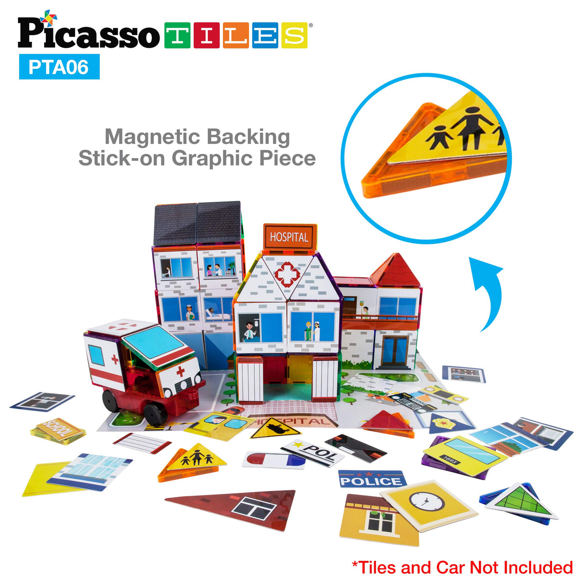 PicassoTiles 80pc School, Hospital, Police Station 3-in-1 Theme Magnet Self Adhesive Backing Stick-On Puzzle Graphic Kit and Overlay Maps for Magnetic