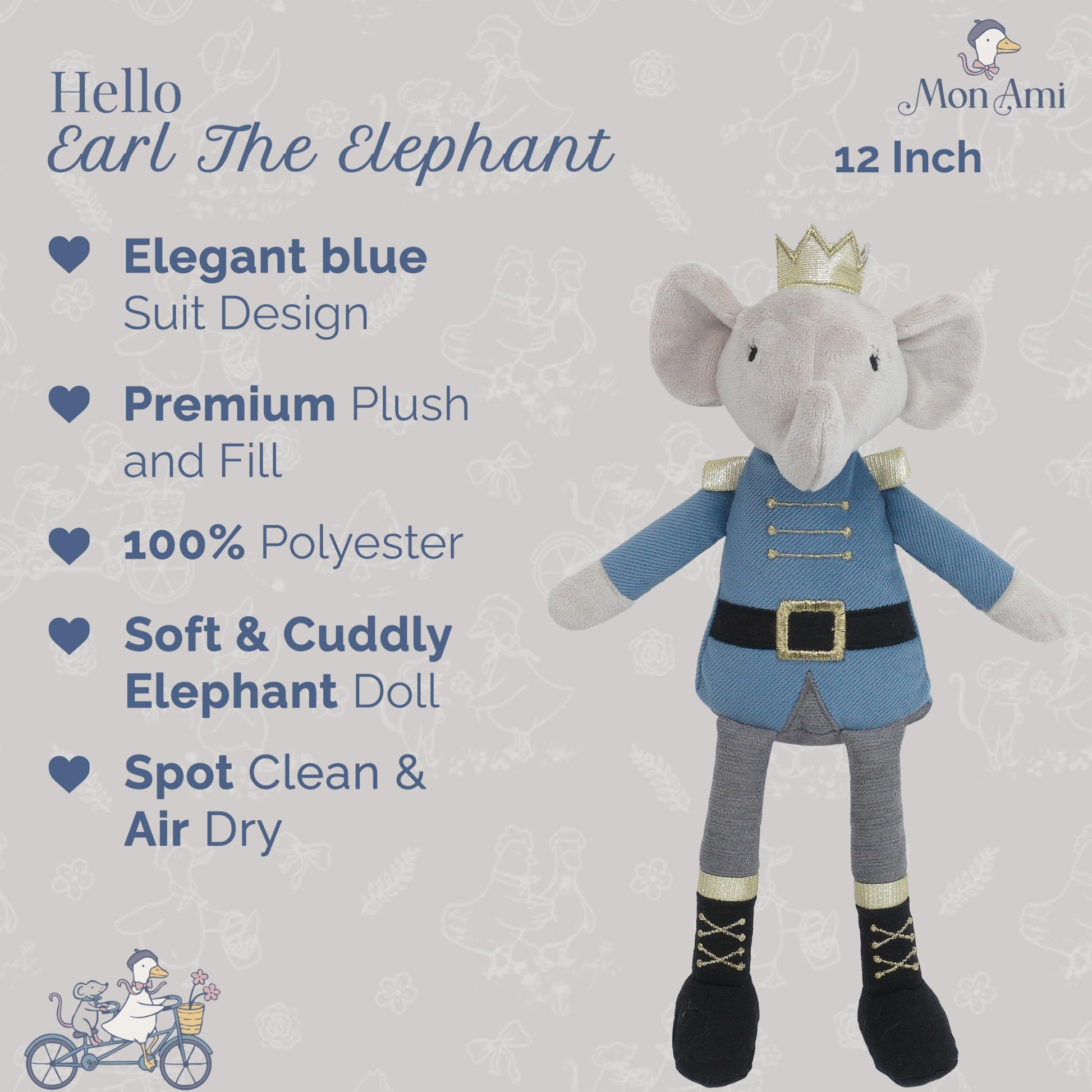 MON AMI Prince Earl Elephant 12-Inch Stuffed Animal, Soft Plush Toy Gift