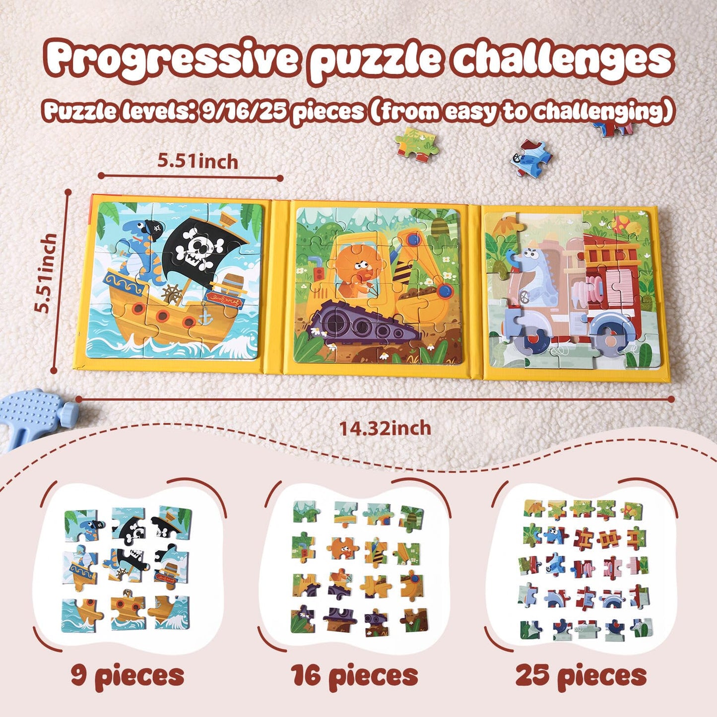Magnetic Puzzles for Toddlers 3-5 Years, 3 in 1 Vehicle & Adventure Toys with 9/16/25 PCS, Travel Activity for Boys and Girls, Preschool Puzzle Game