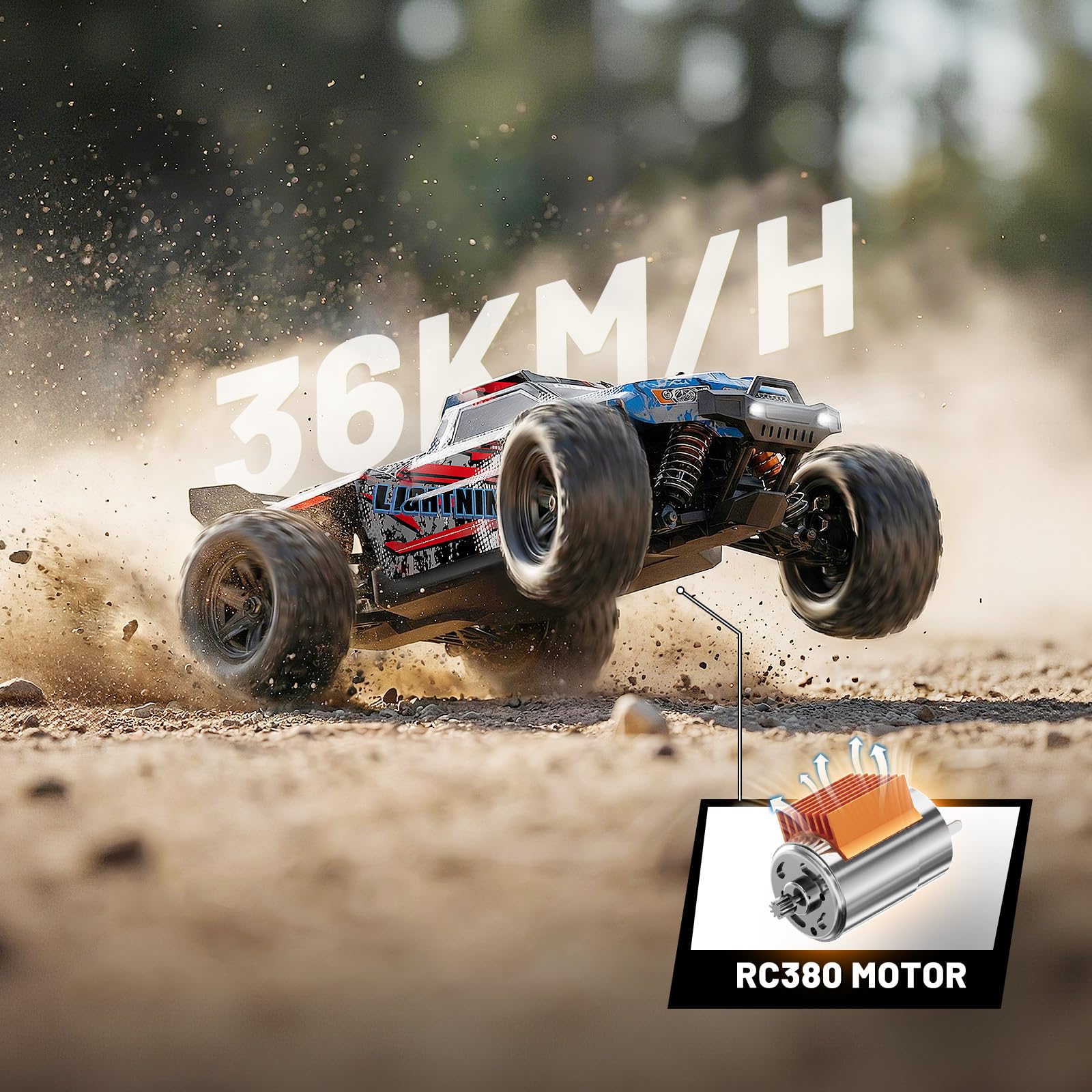 RC Cars 1:18 All-Terrain Off-Road RC Truck for Adults, 4WD 4×4 Fast Remote Control Car, High Speed 36 KM/H Monster Truck, Dual 7.4V 1300mAh Batteries