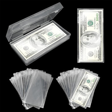 KEJJNYER 5 Pack Currency Sleeves Storage Case with 500 Pieces Dollar Bill Holder, Clear Plastic Paper Money Sleeve for Bills, Paper Currency Bill