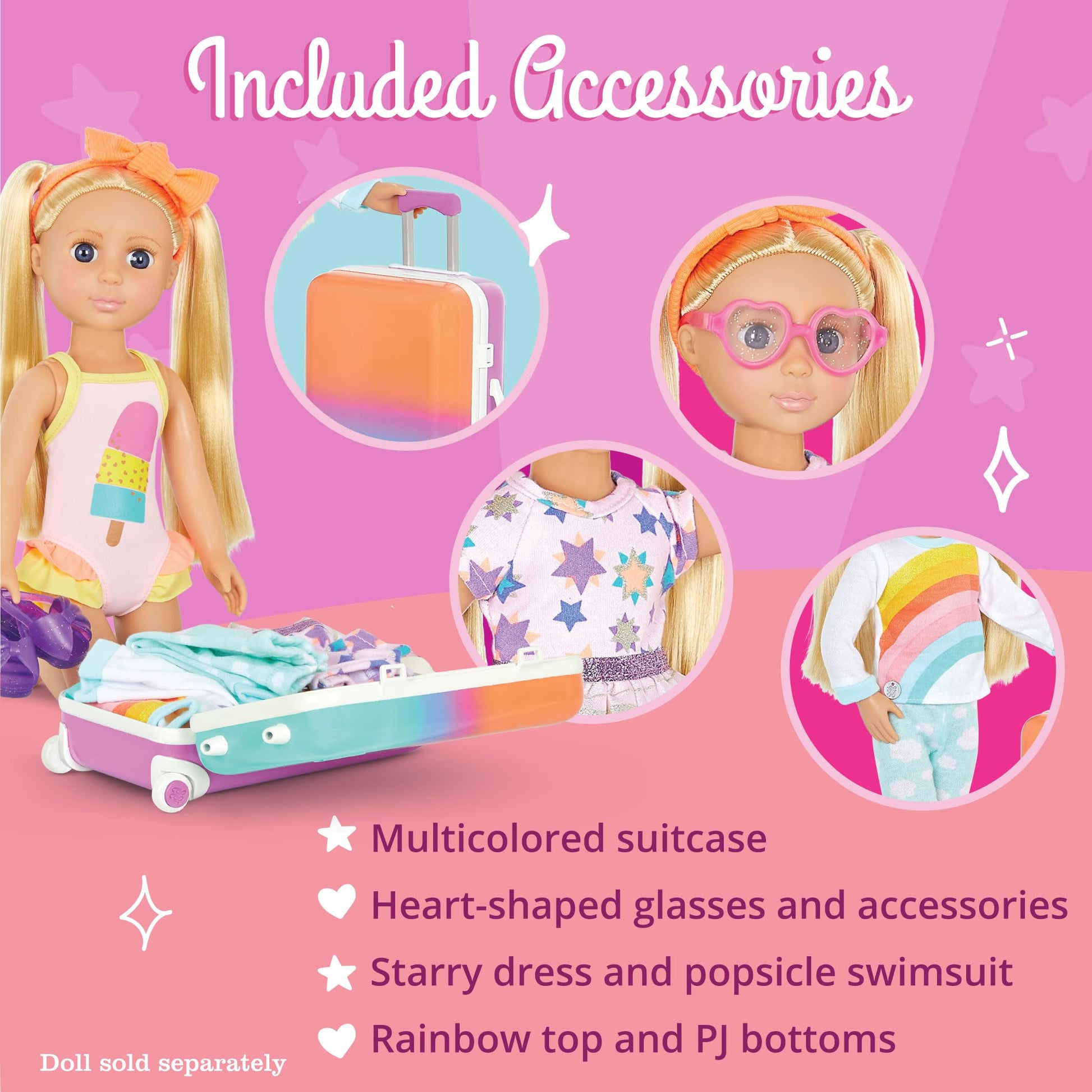 Glitter Girls - 14-Inch Doll Clothes & Accessories- Suitcase & Fashion Set - Luggage with 3 Mix & Match Outfits & Heart Glasses - Rainbow Pajama