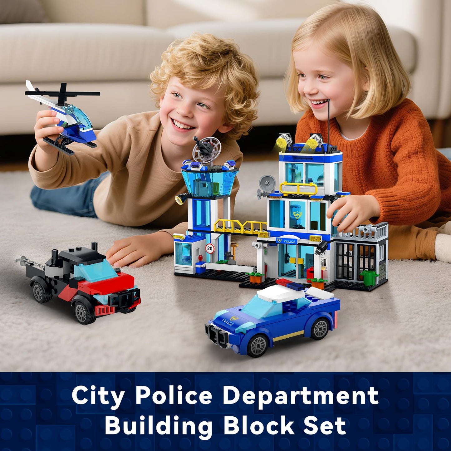 BUILDIFY City Police Station Building Block Set with Light, 634 PCS HQ Station Kits with Helicopter, Police Car and Motorcycle. Ideal as a Birthday