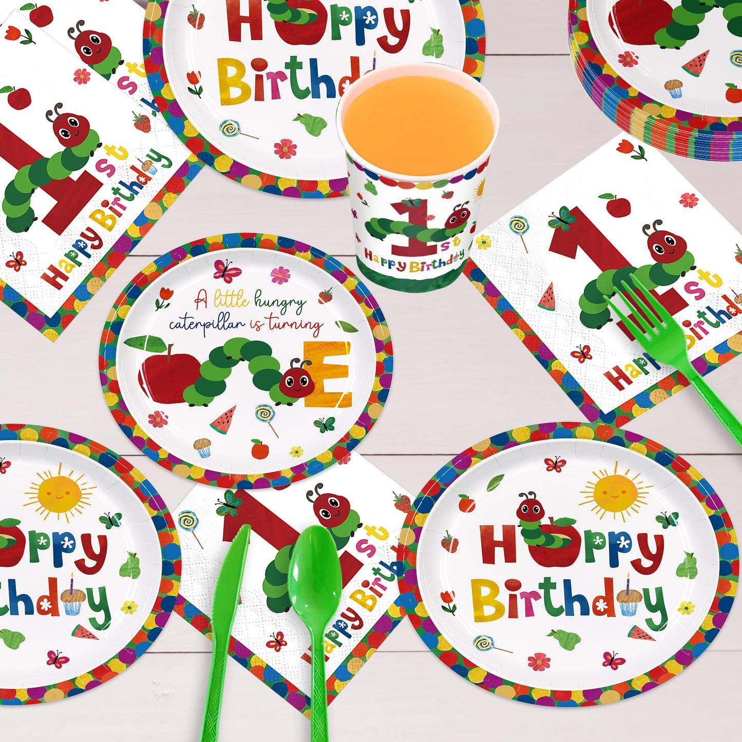 ZQMONTIA 168Pcs Caterpillar 1st Birthday Party Supplies Green Insect Plates Napkins Disposable Tableware Set Hungry Bug Party Decoration for Kids