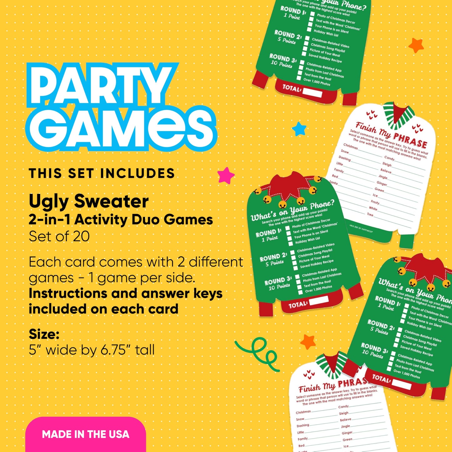 Big Dot of Happiness Ugly Sweater - 2-in-1 Holiday and Christmas Party Cards - Activity Duo Games - Set of 20