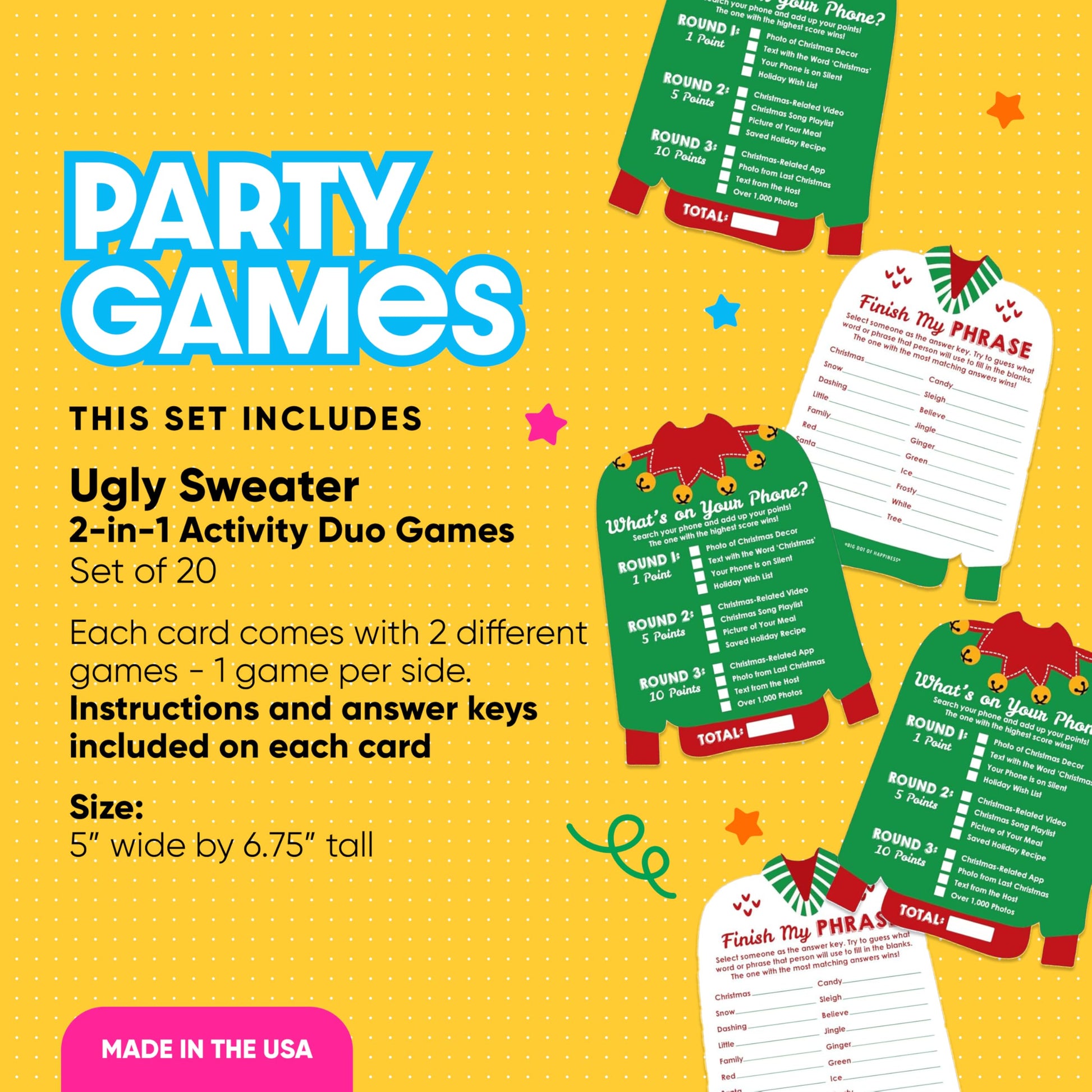Big Dot of Happiness Ugly Sweater - 2-in-1 Holiday and Christmas Party Cards - Activity Duo Games - Set of 20